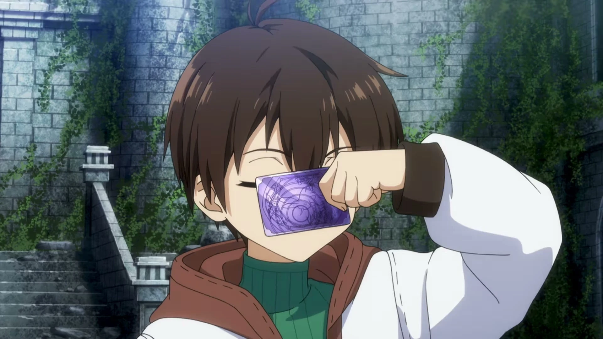 Yuma holds a purple card in front of a glowing background.