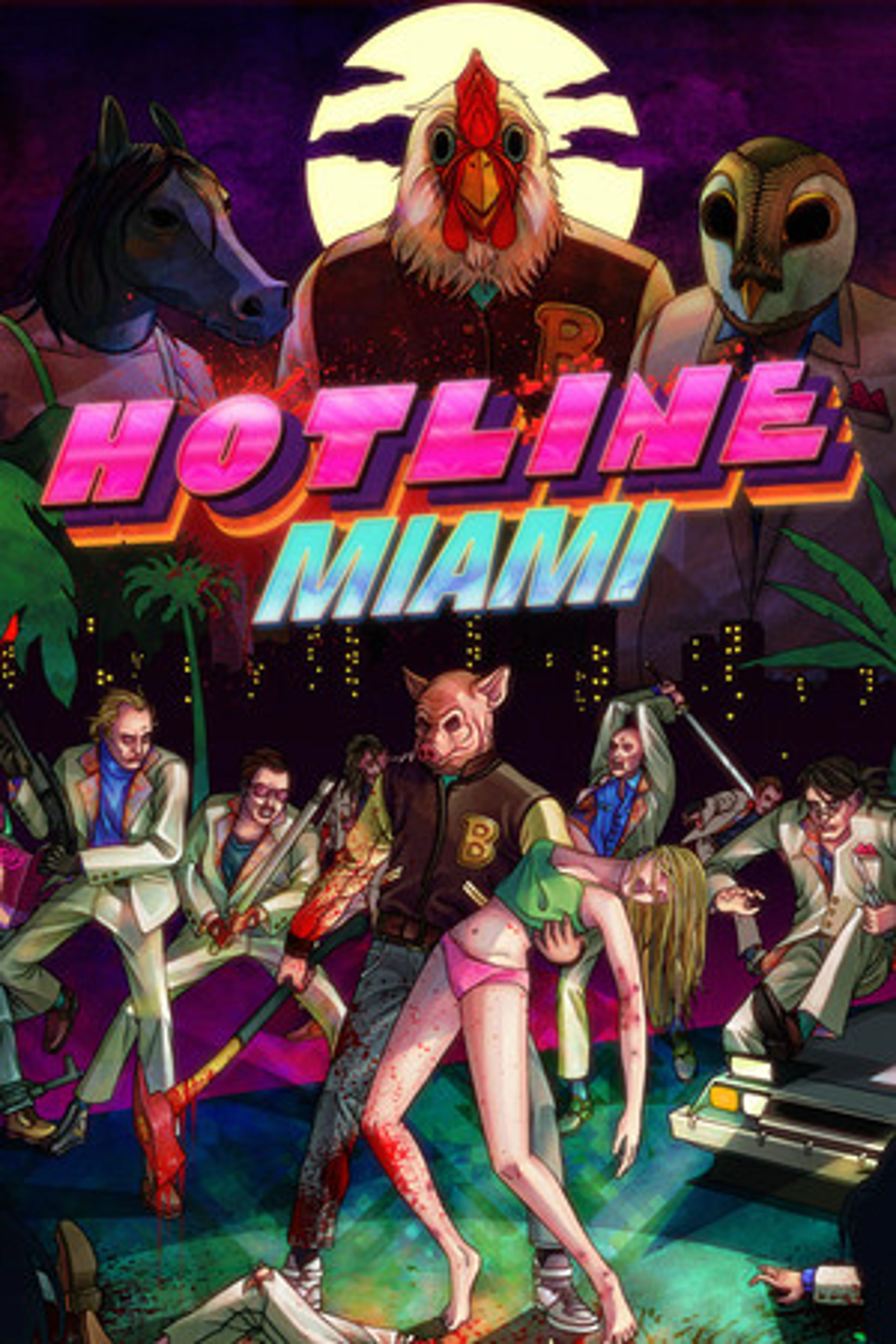 Official Hotline Miami portrait cover showing masked figures and the native game title.