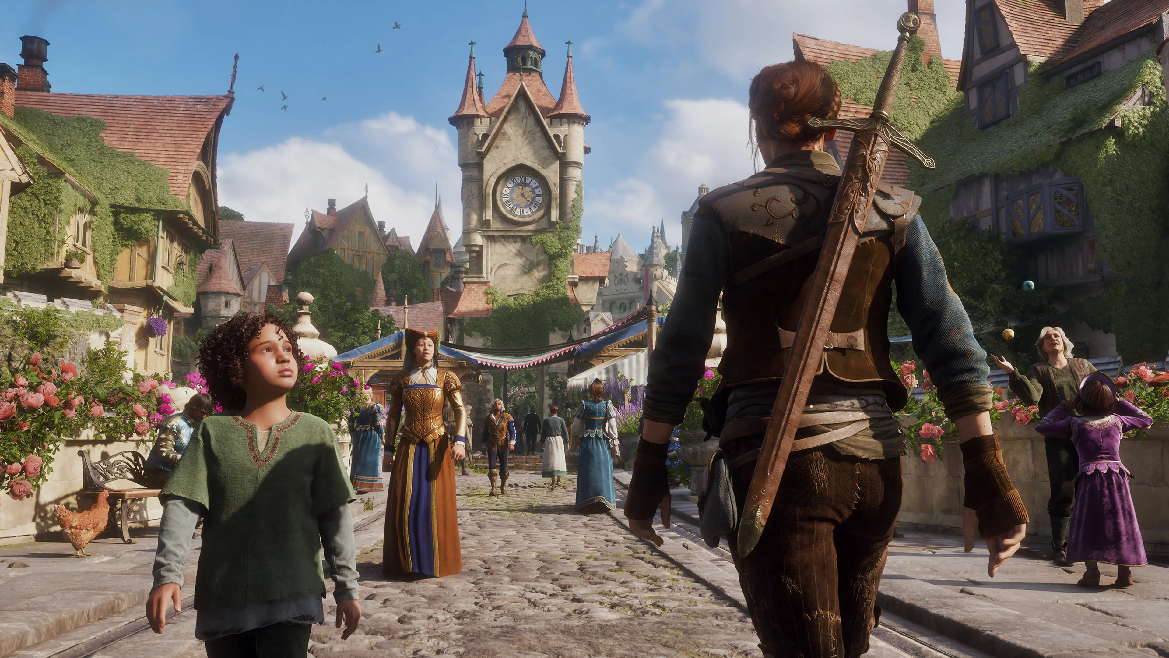 The Fable Hero walks through a crowded Bowerstone square beneath its clock tower.