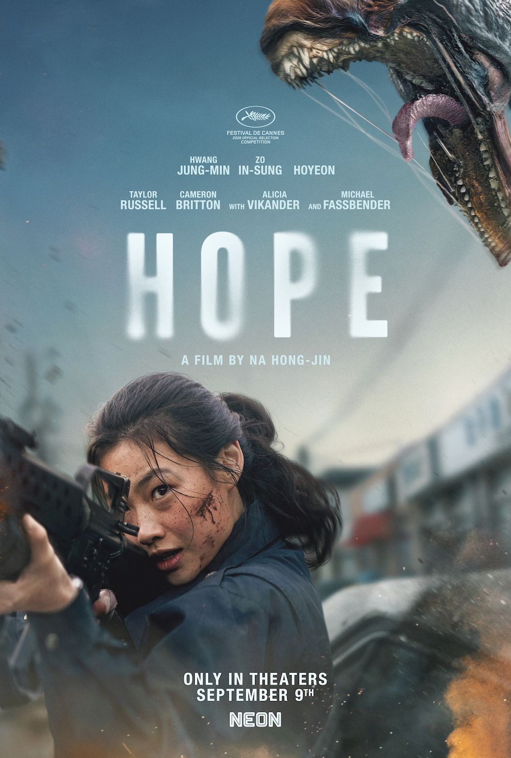 Official Hope poster showing Hoyeon aiming a gun beneath a creature and the film title.