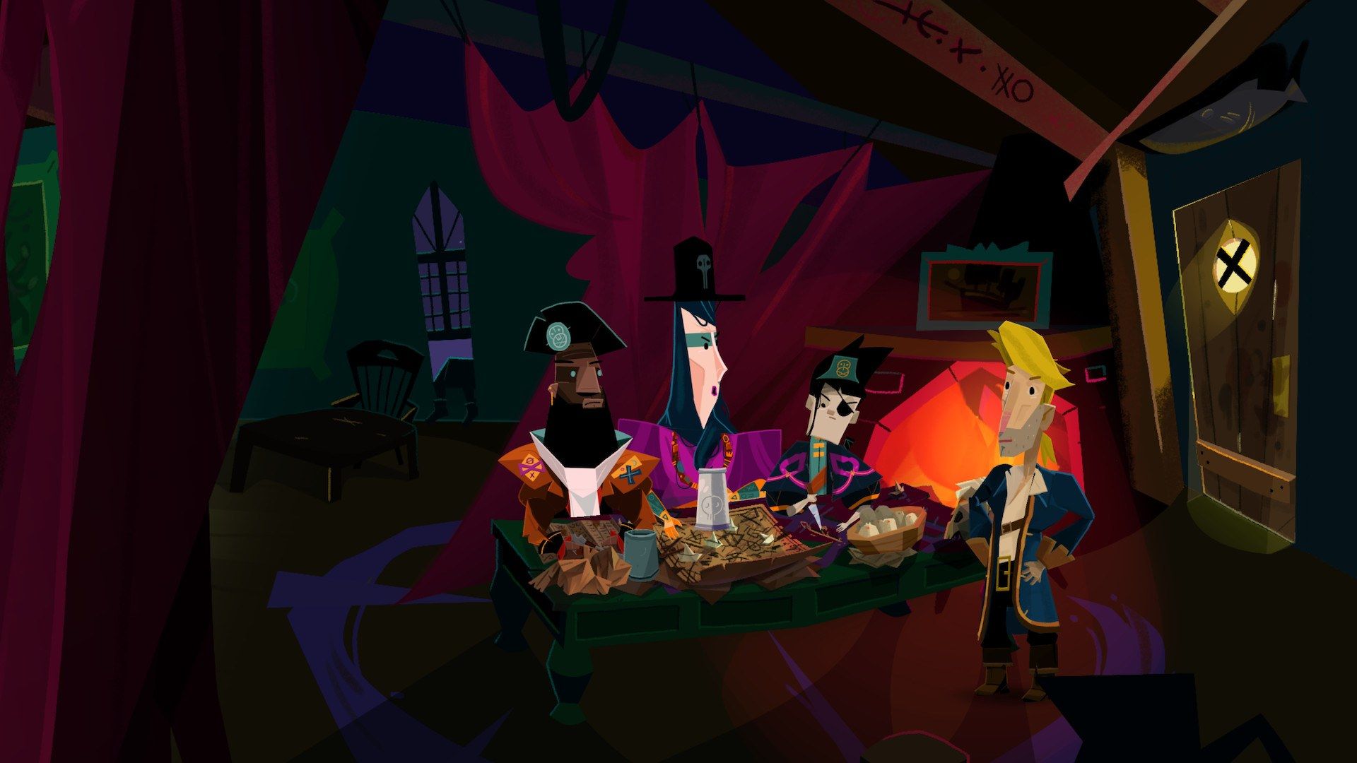 Guybrush sits with pirates inside a stylized tavern.
