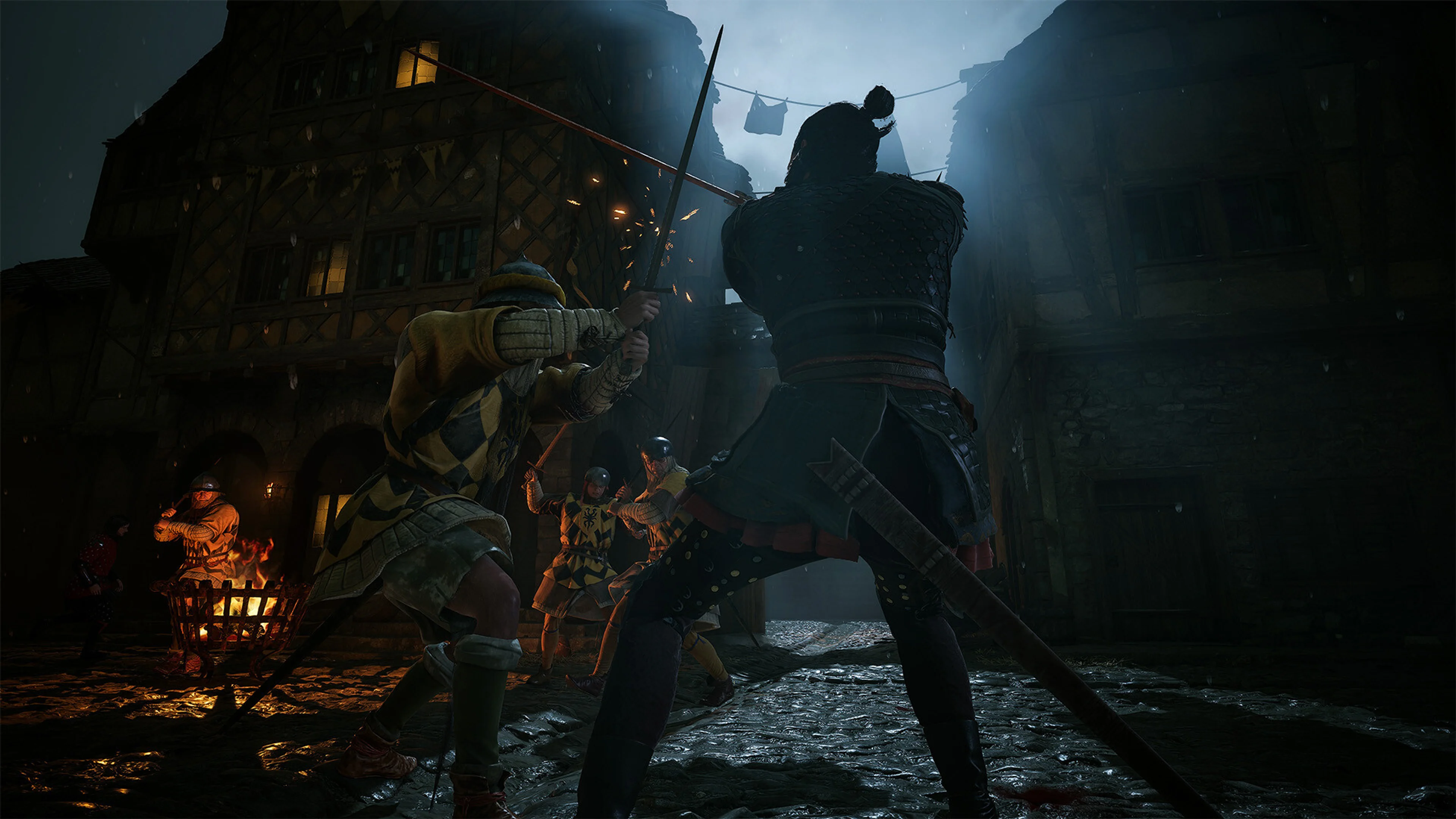 Coen blocks an armed attacker during a nighttime street fight in The Blood of Dawnwalker.