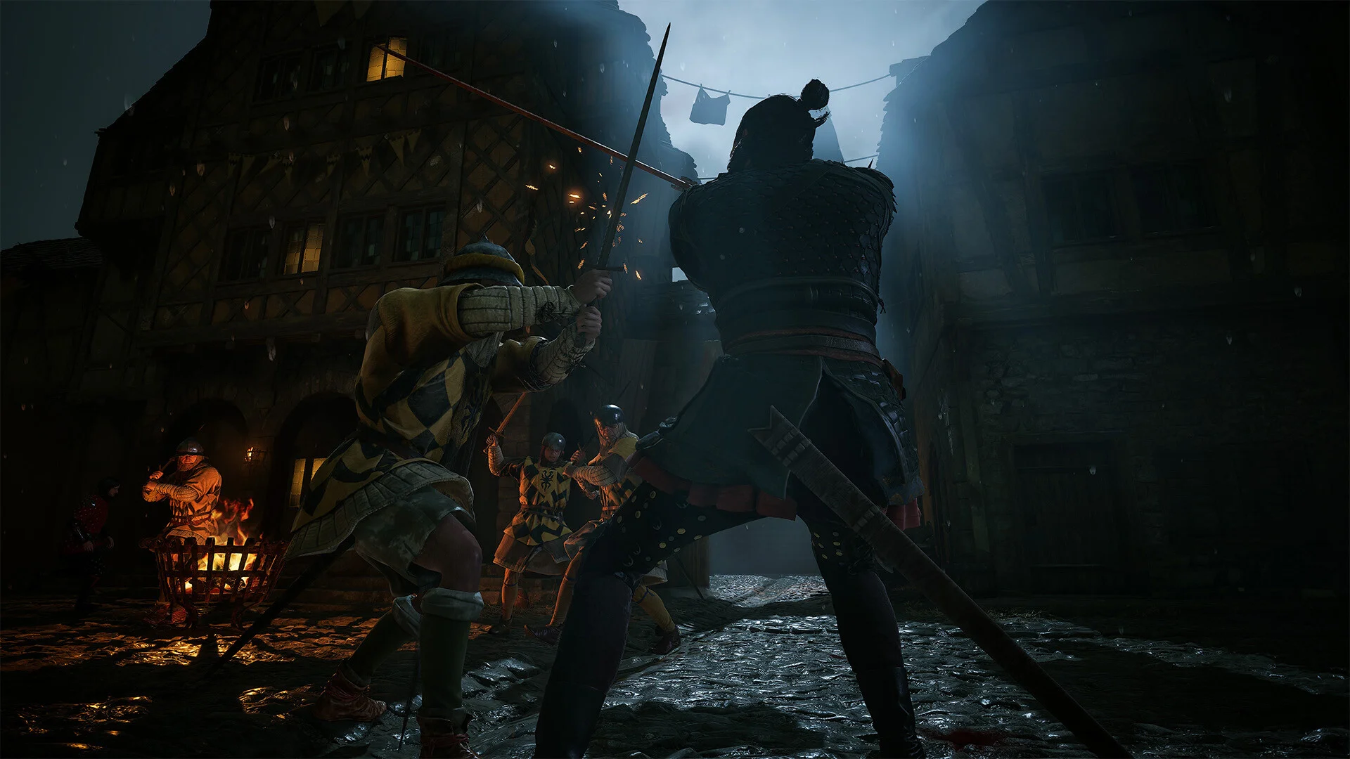 Coen blocks an armed attacker during a nighttime street fight in The Blood of Dawnwalker.