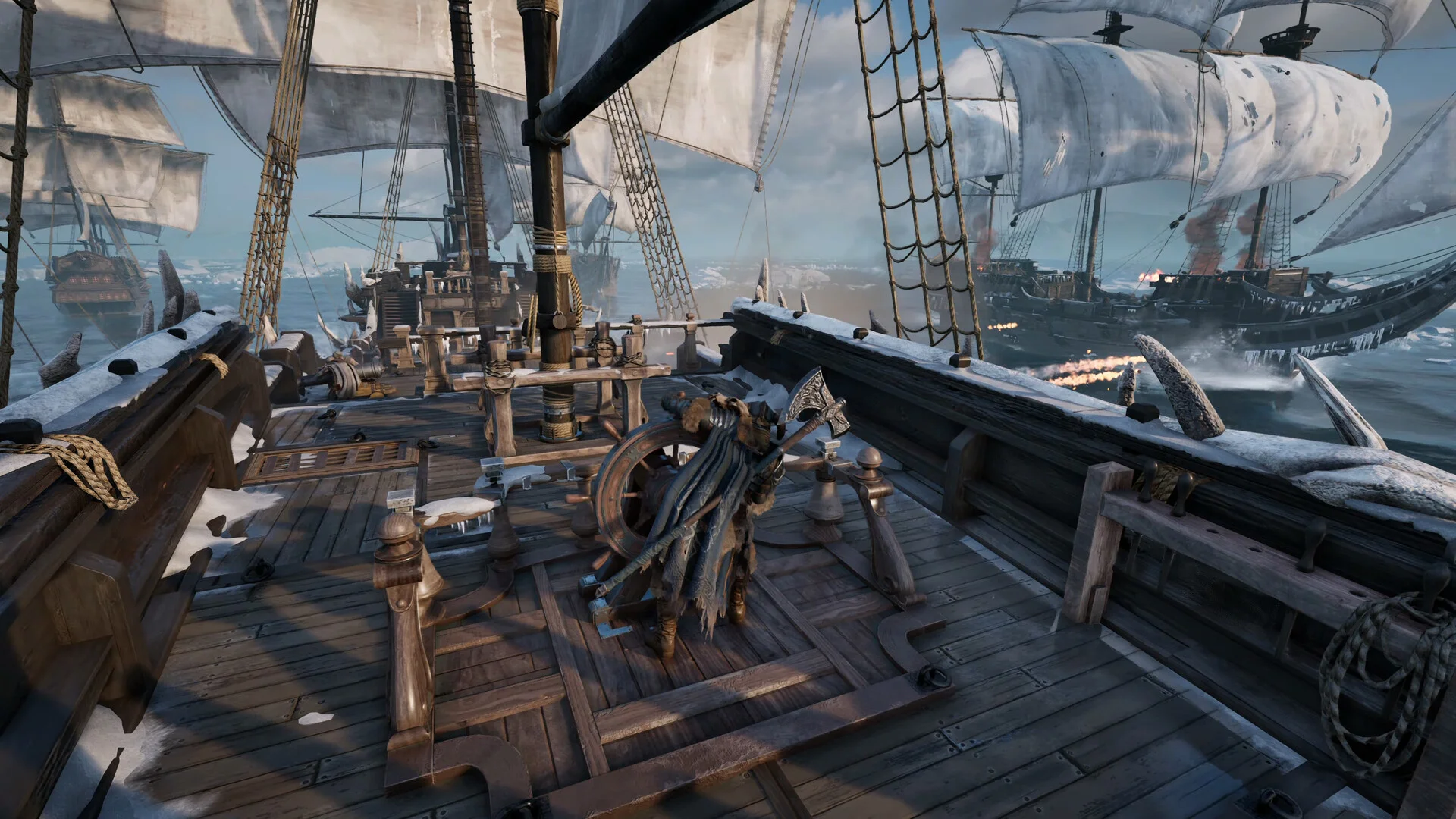A warrior steers a wooden warship through a naval battle in CONQ: Crown of No Quarter.