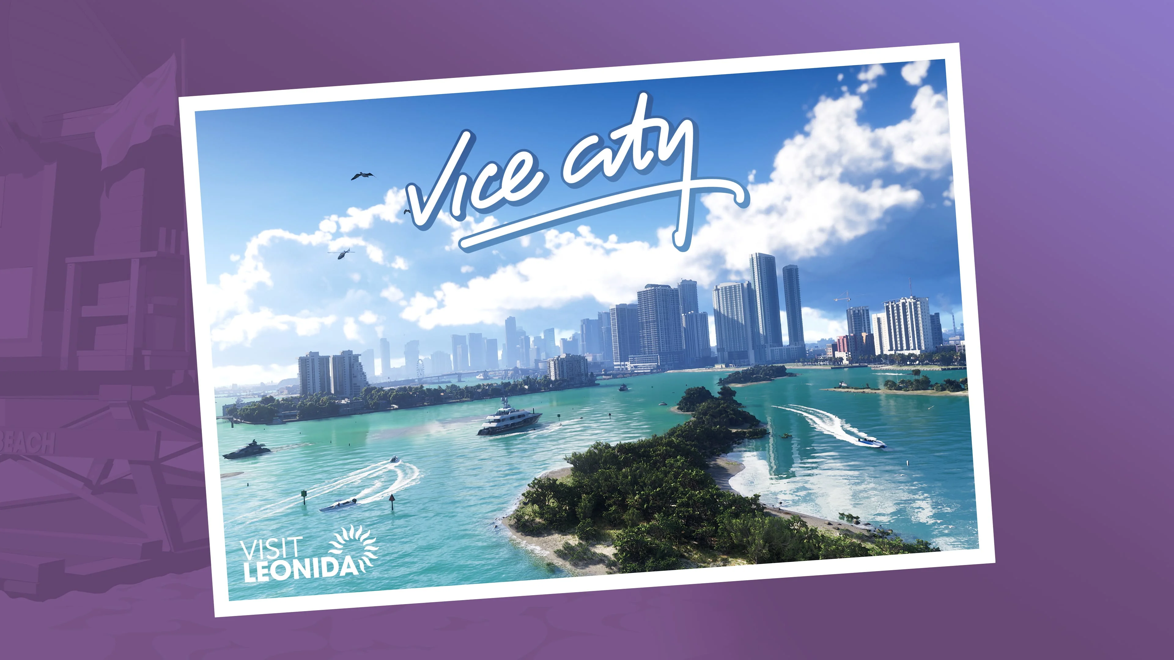 Official Grand Theft Auto VI artwork frames a Vice City postcard over a coastal view.