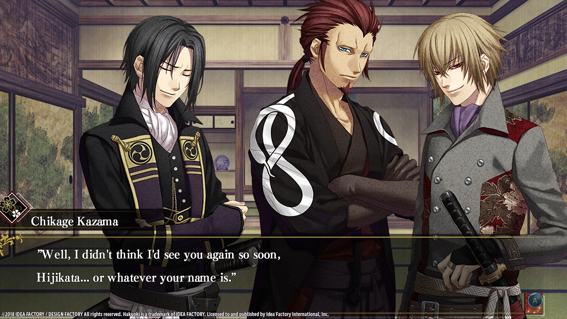 Three characters speak together in Hakuoki: Edo Blossoms.