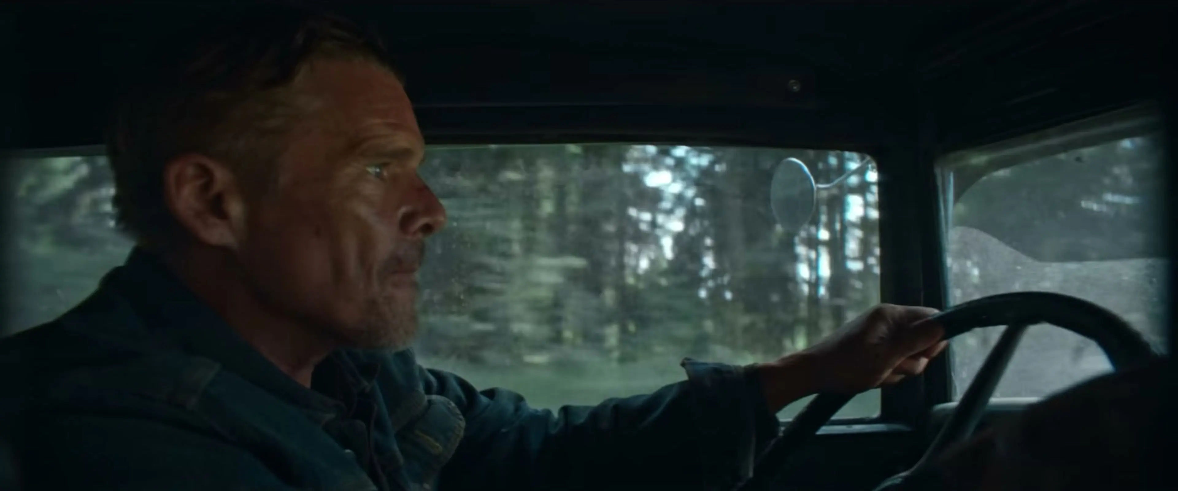 Ethan Hawke as Murphy drives an old car with forest visible through the window.