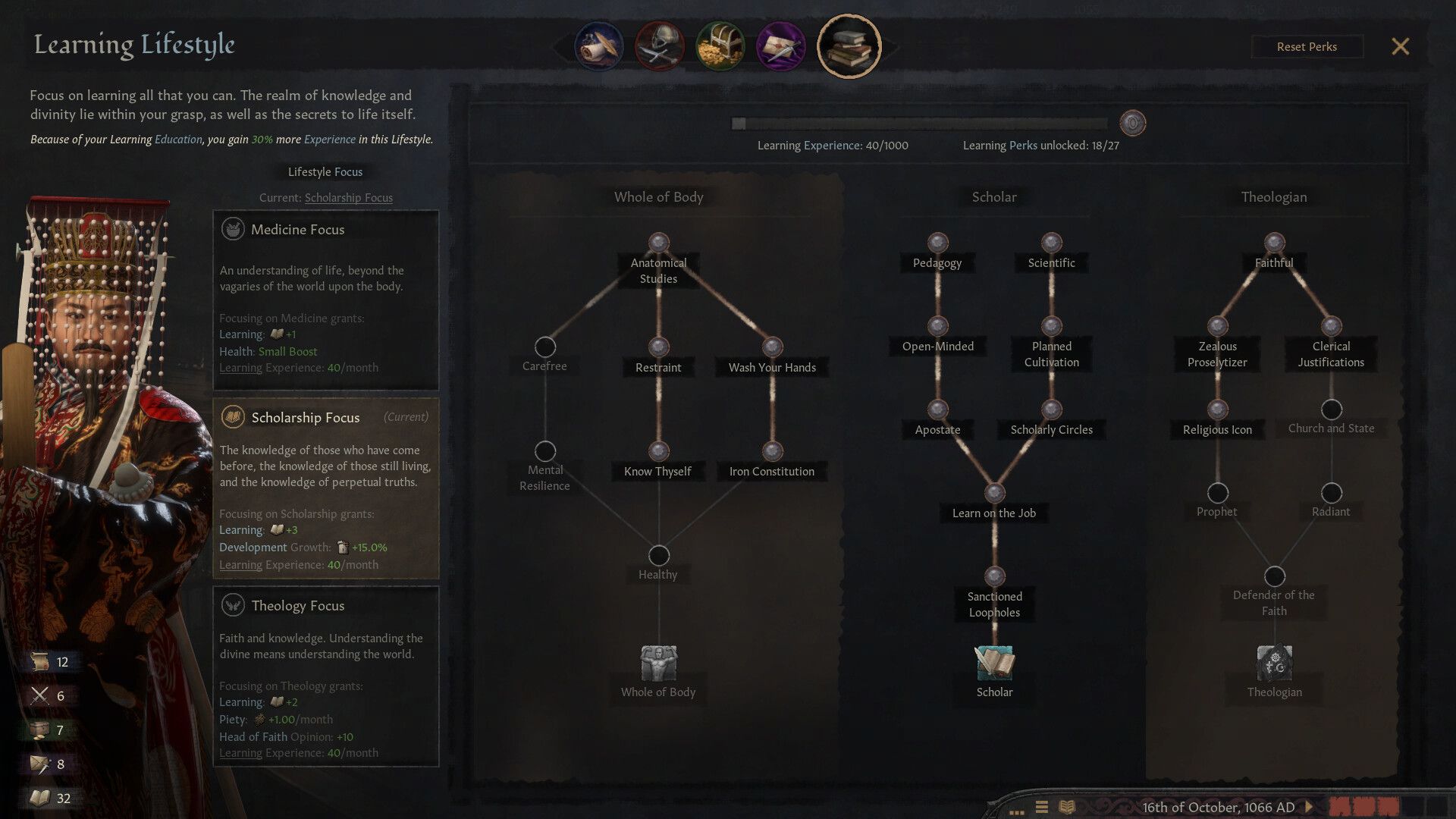 The Learning Lifestyle screen displays branches of selectable ruler perks.