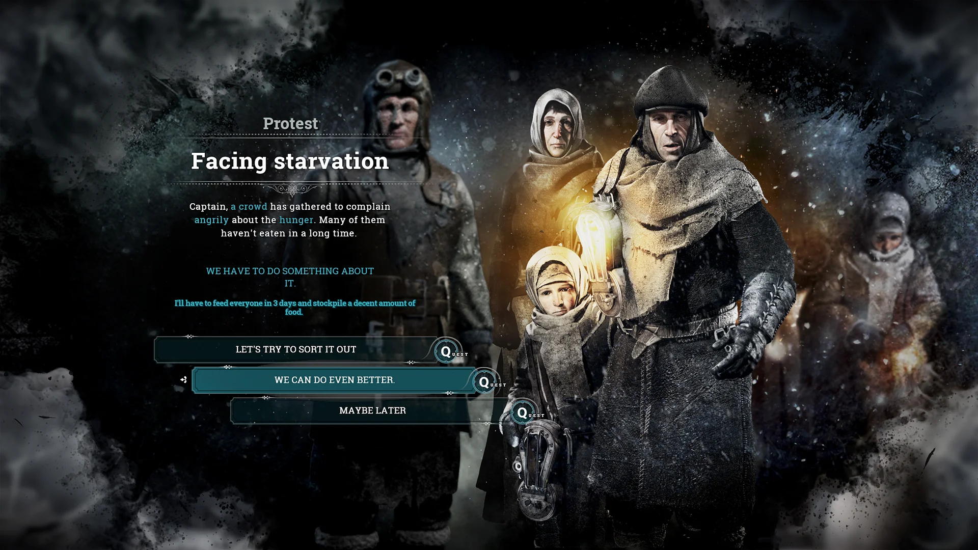Official Frostpunk event window titled Facing starvation, with a crowd at right and three response buttons below the text.