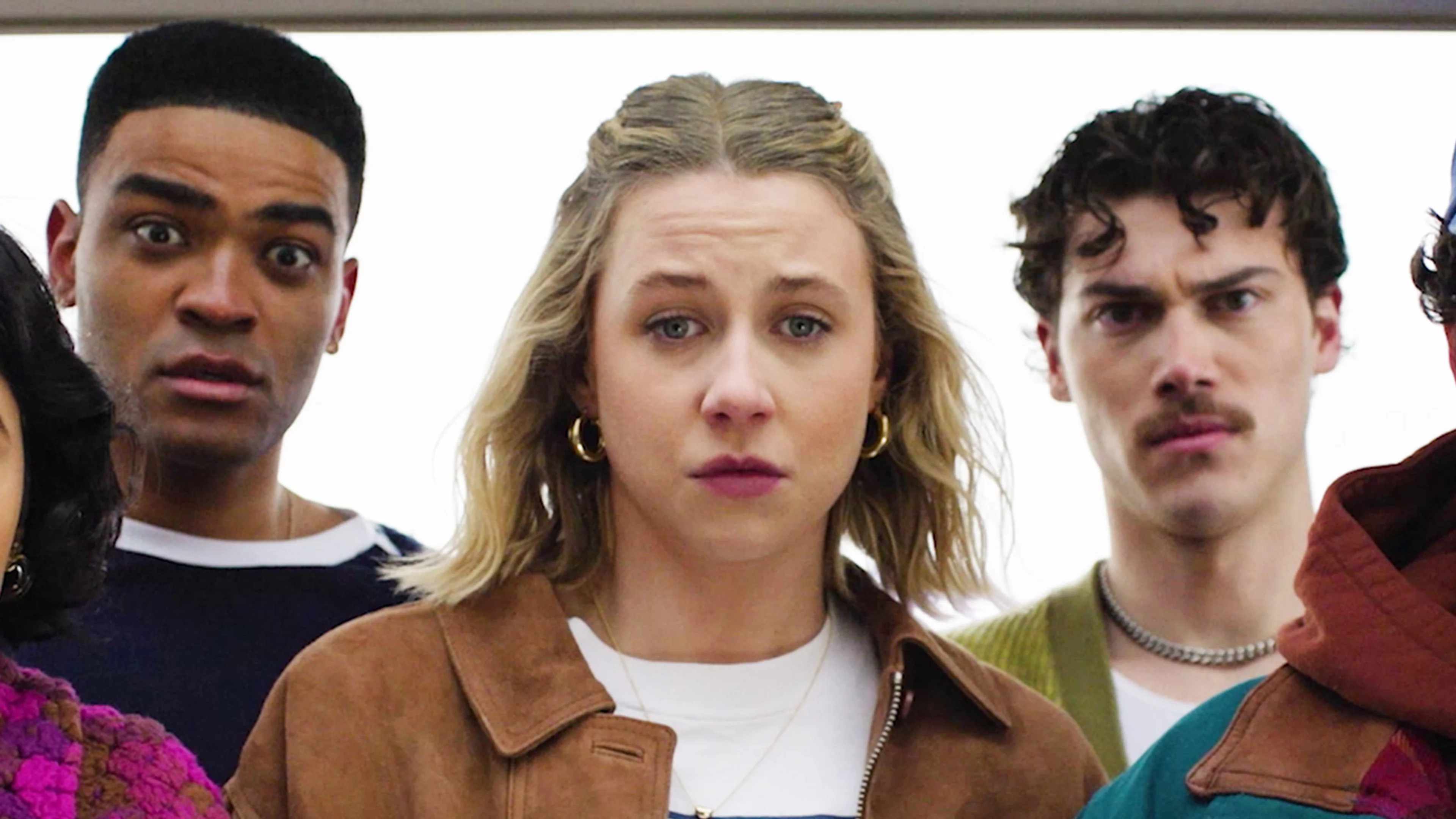 The five central friends of Adults pose together in a promotional still.