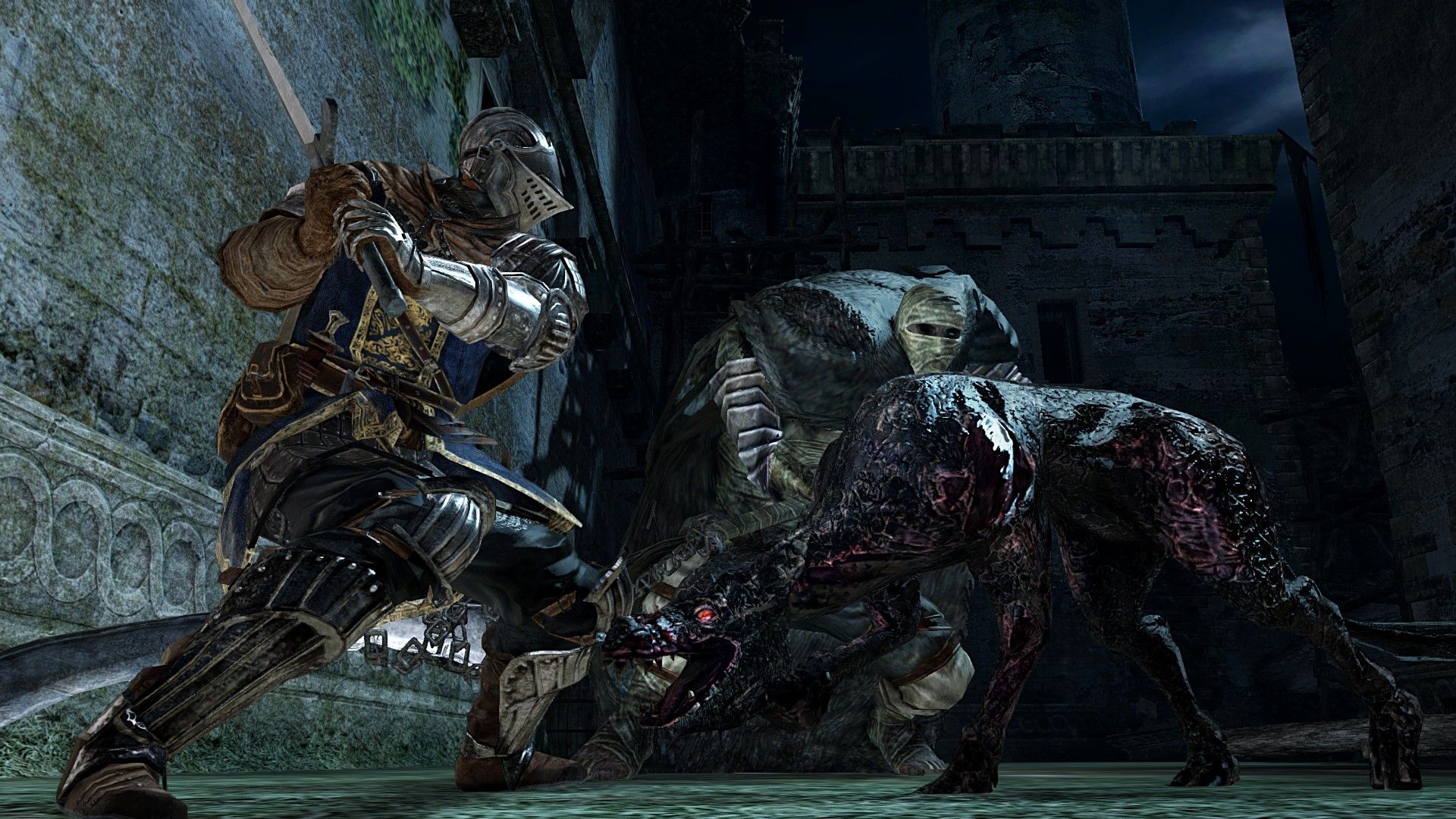 A character confronts a large enemy in a dark arena.
