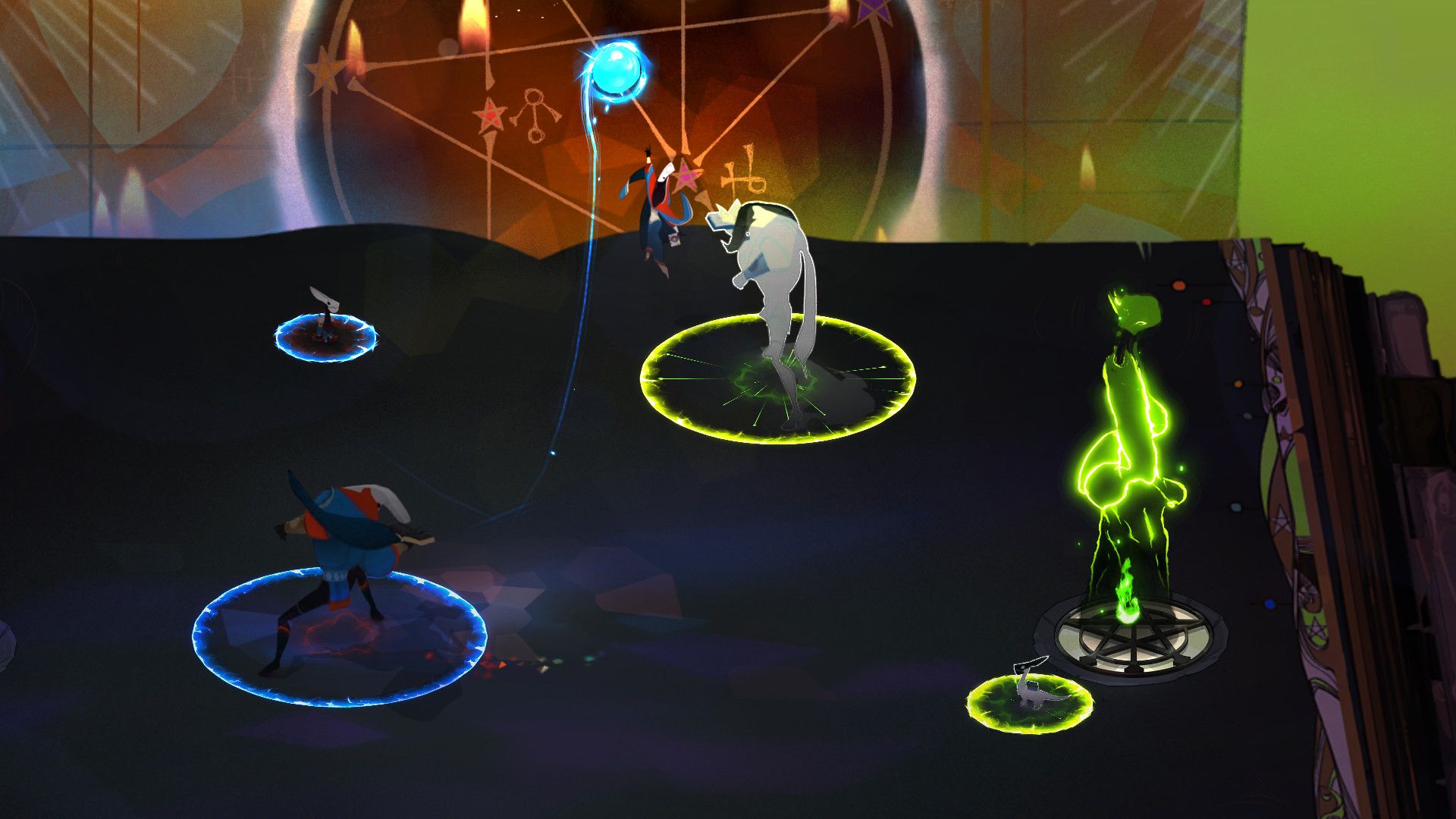 A jumping exile reaches toward a blue orb while blue and green team circles mark the arena.