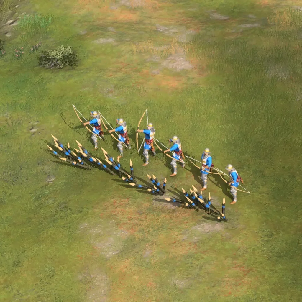 English Longbowmen carry tall bows. Keep them behind a protective line and use their range; the blue clothing is the player color in this image, not a universal way to identify the unit.