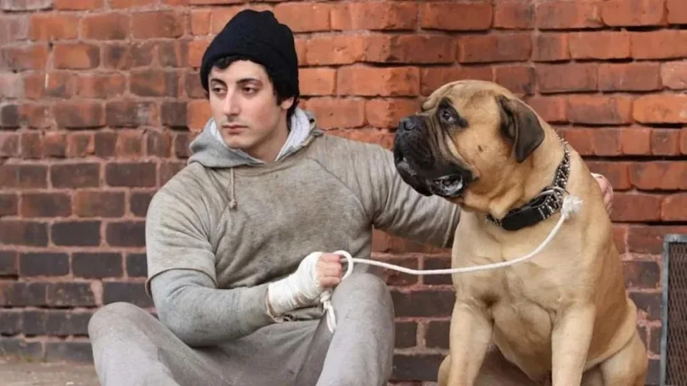 Anthony Ippolito as Sylvester Stallone sits beside a dog in I Play Rocky.