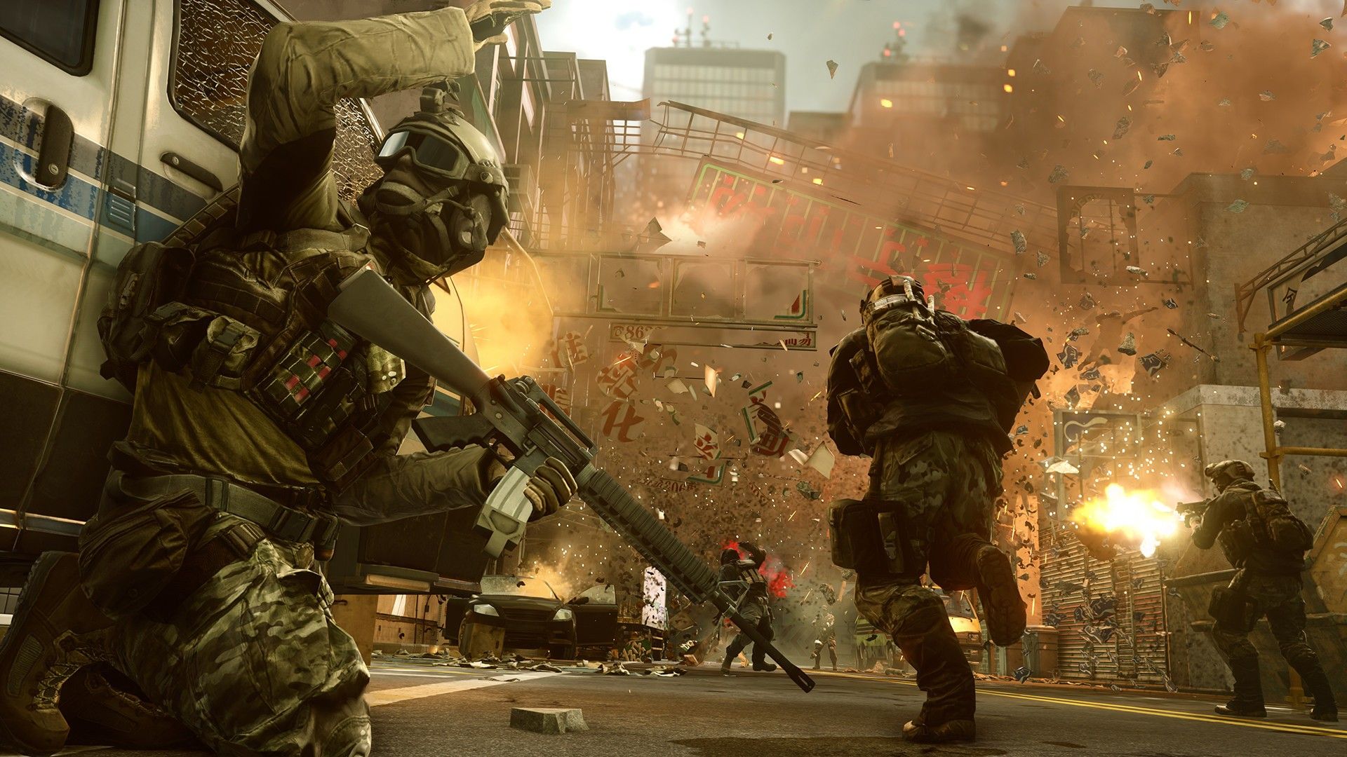 Armed soldiers run through an urban street with vehicles and debris.