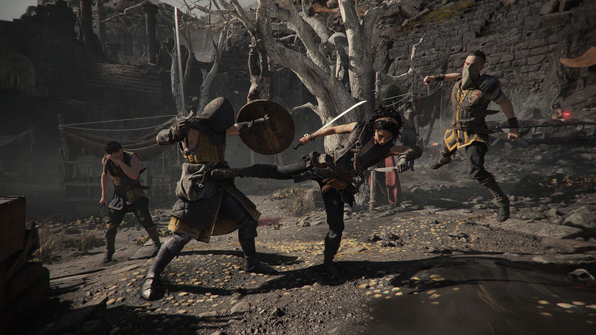 A group of fighters battles among leafless trees and stone walls in Resonance: A Plague Tale Legacy.
