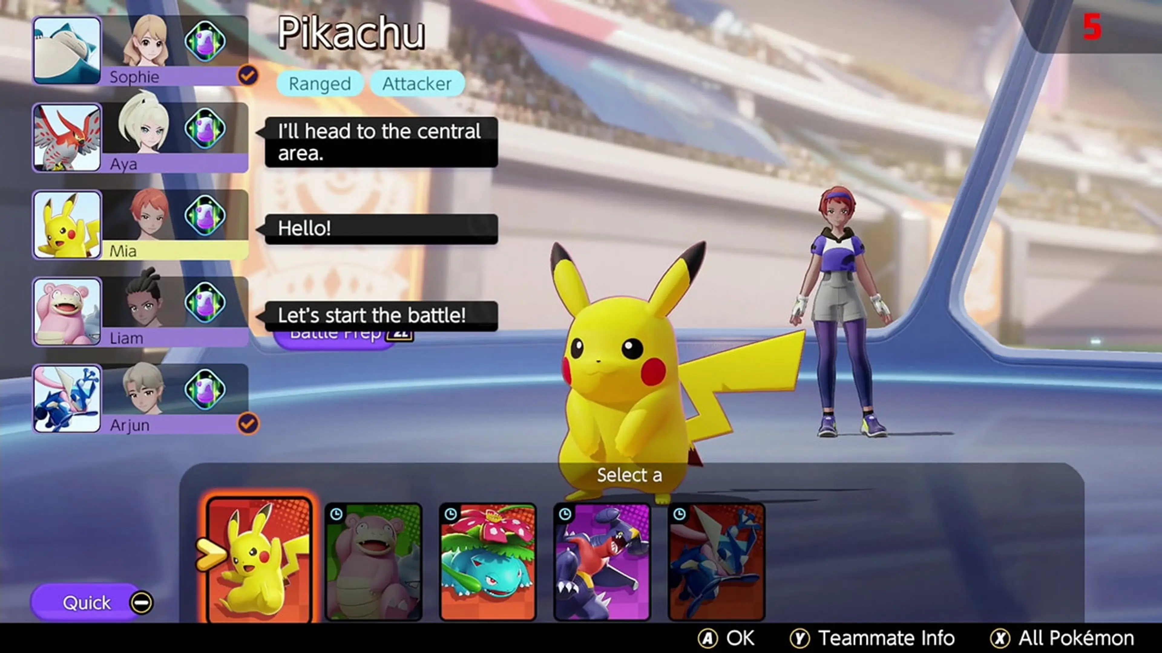 Pikachu stands beside a Trainer while a five-player team selects Pokémon before a match.