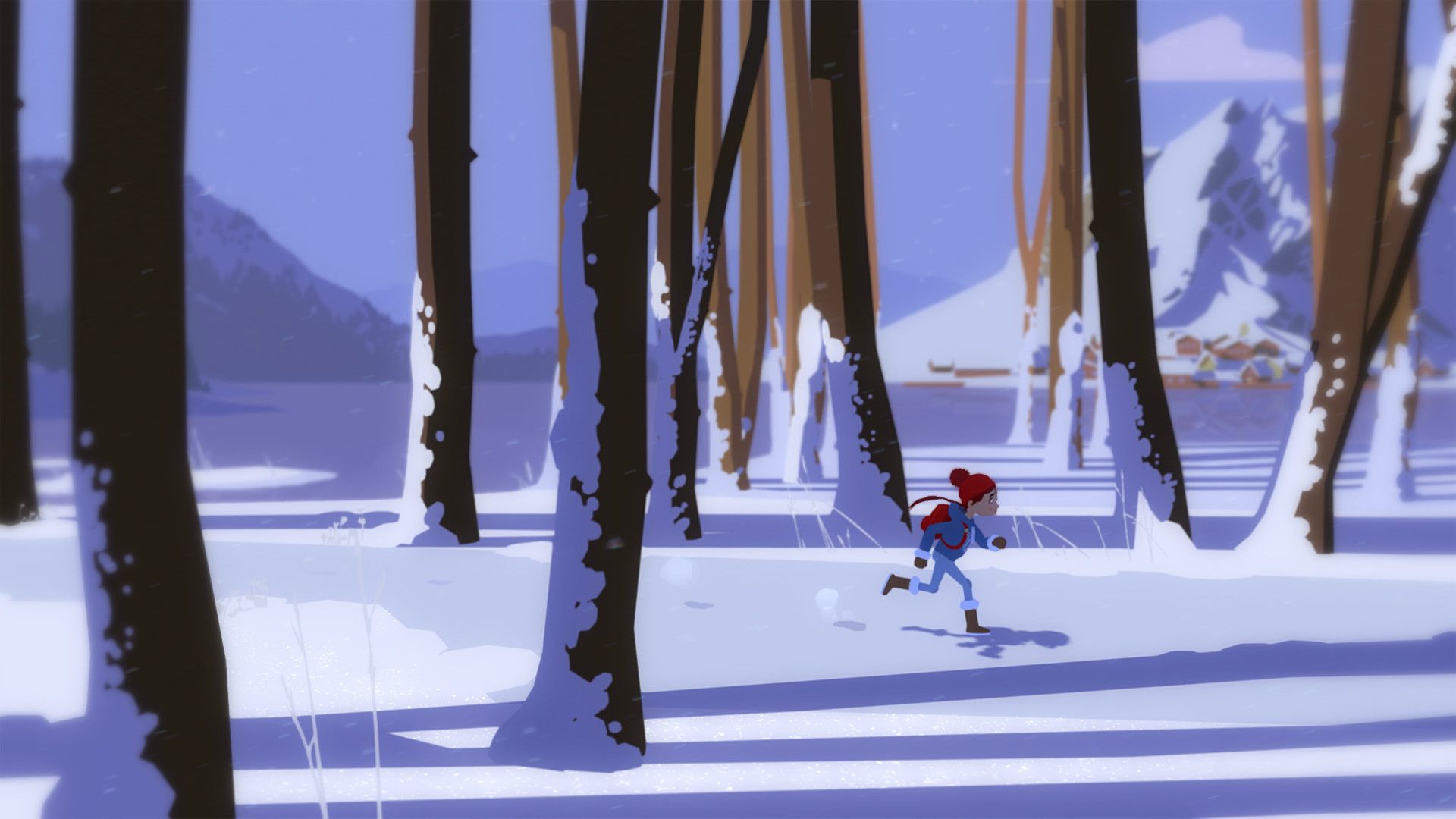 Tove runs between tall trees in a snowy forest in Röki.