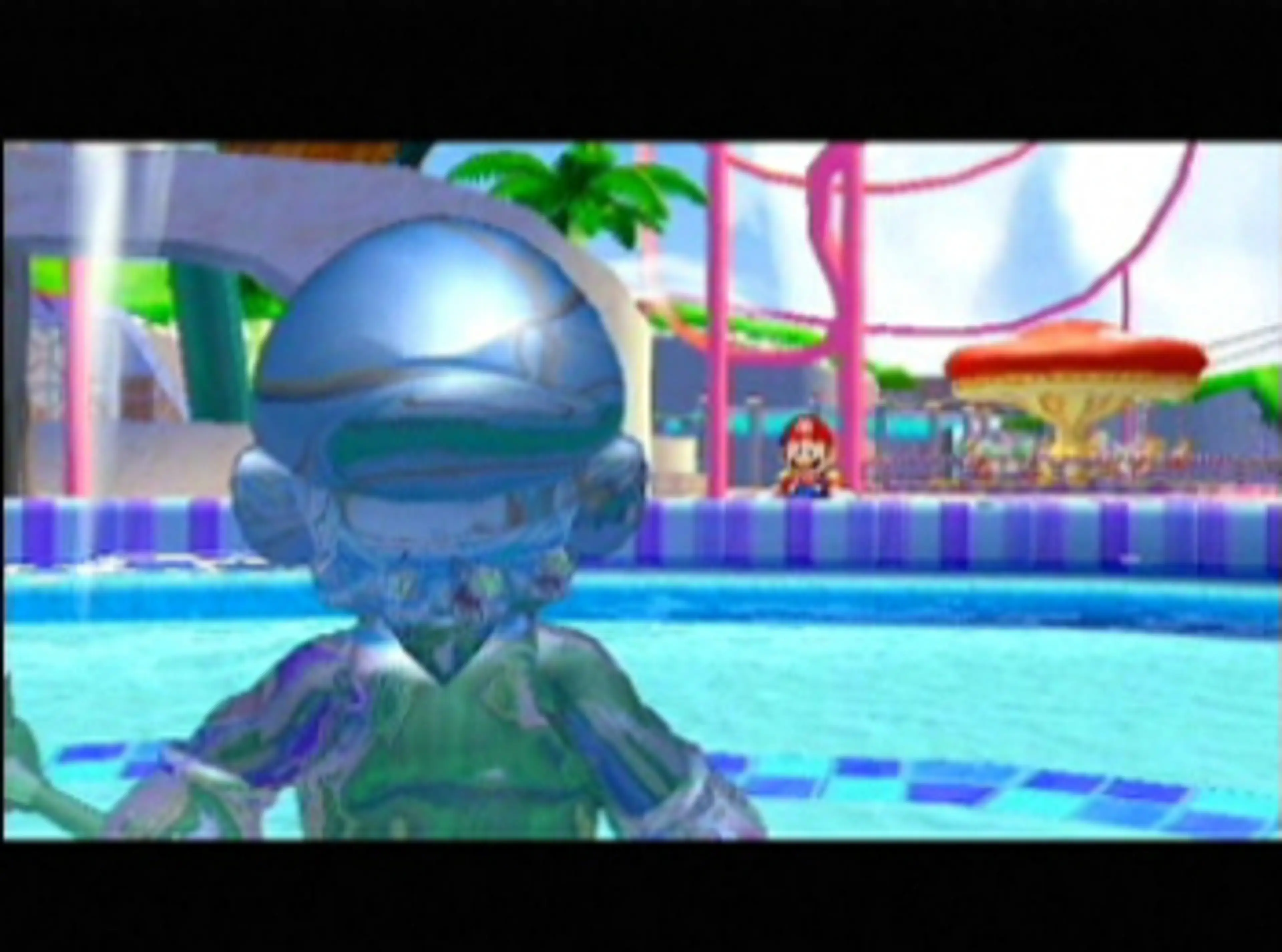Gameplay screenshot: Mario faces a reflective enemy in a bright pool area in Super Mario Sunshine.