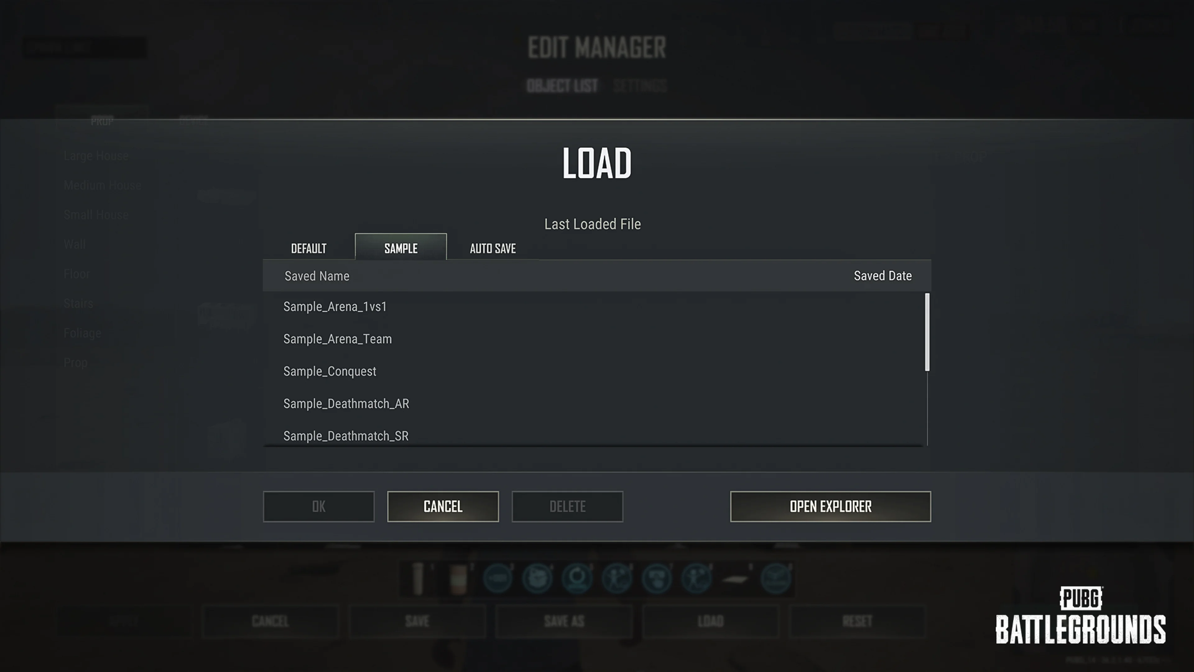 PUBG UGC editor load screen listing sample arena, conquest, and deathmatch projects.