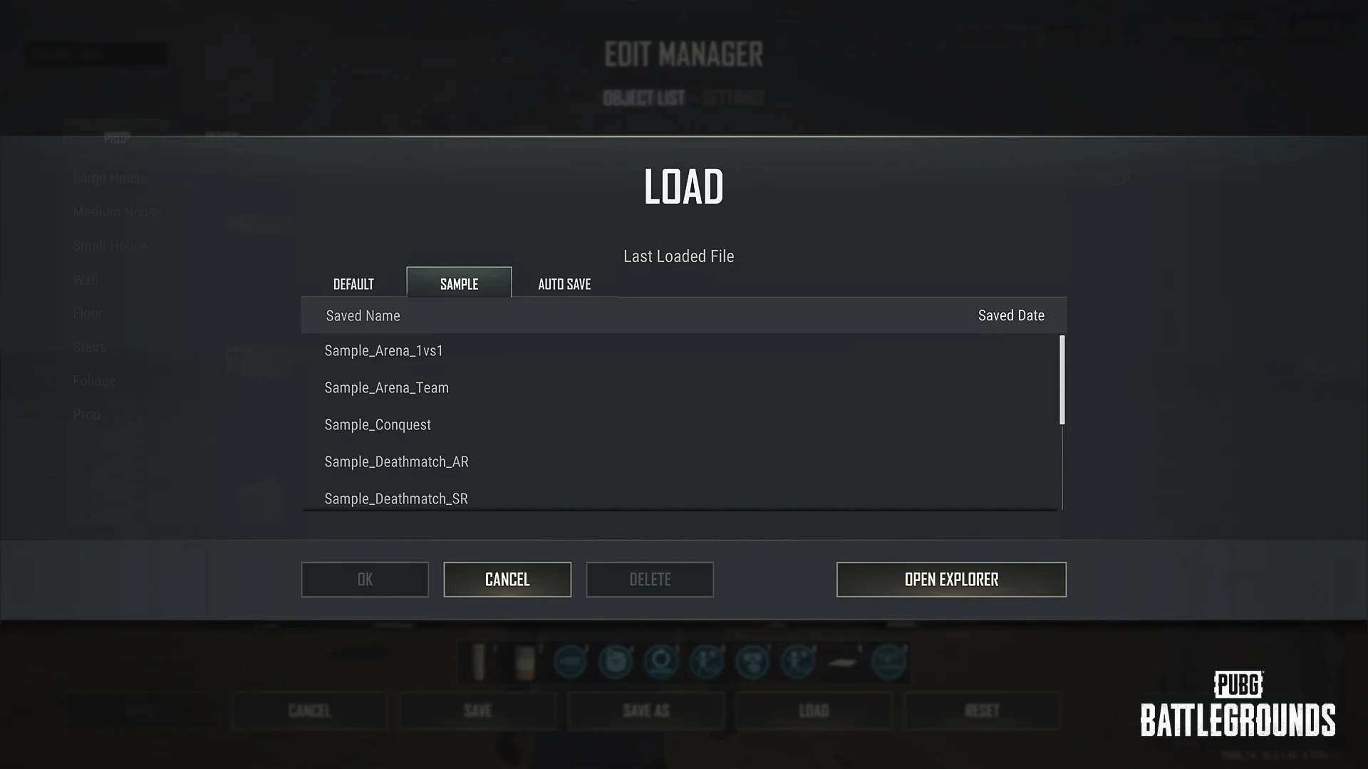 PUBG UGC editor load screen listing sample arena, conquest, and deathmatch projects.