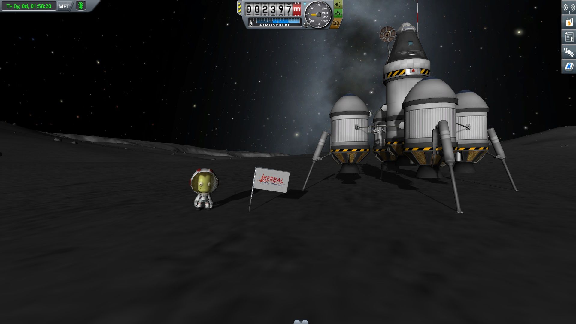 A Kerbal stands beside a landed craft on a gray moon under a dark sky.