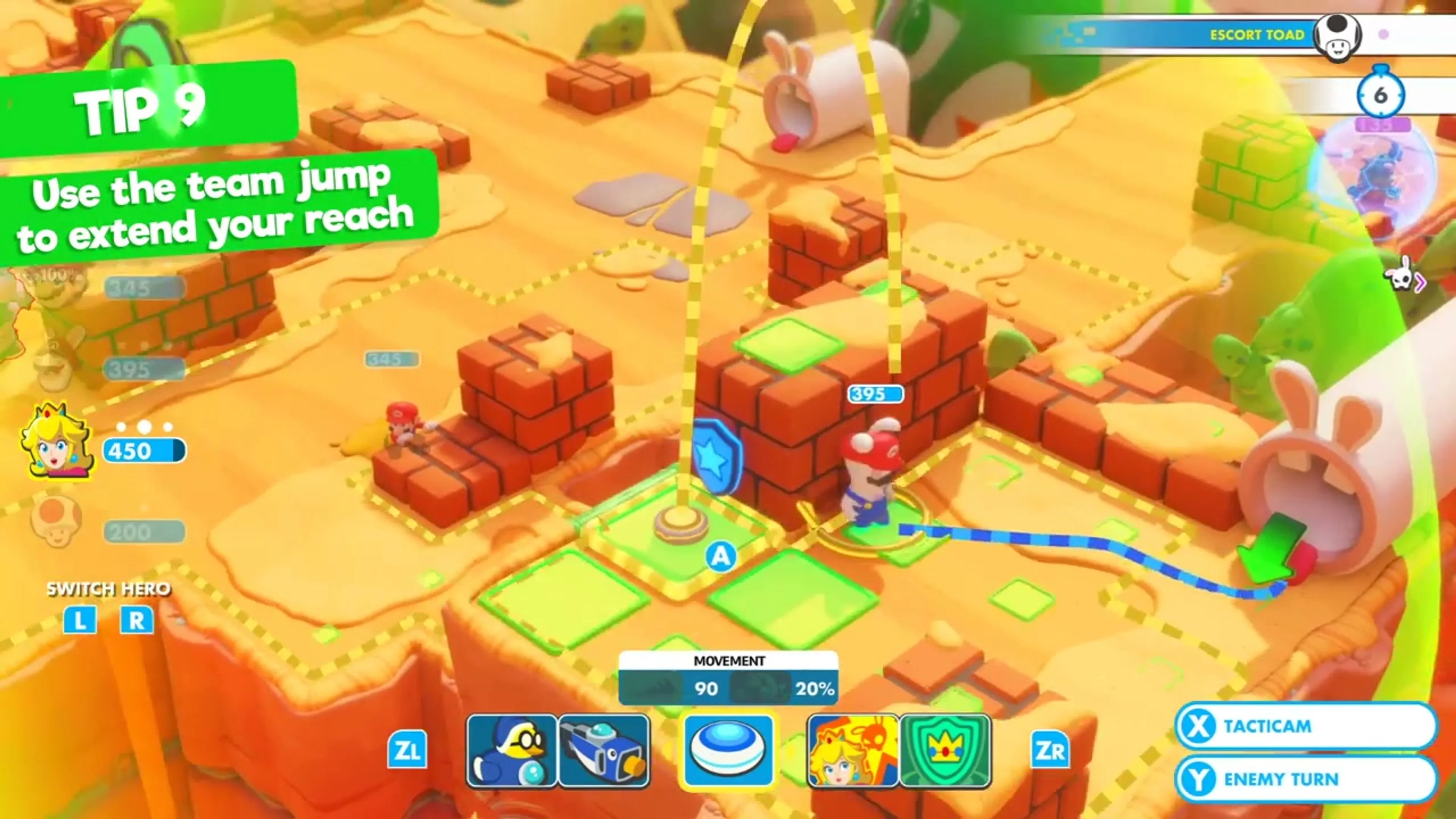 Battle interface shows a yellow team-jump arc above a teammate, green possible landing squares and a blue route toward a pipe.