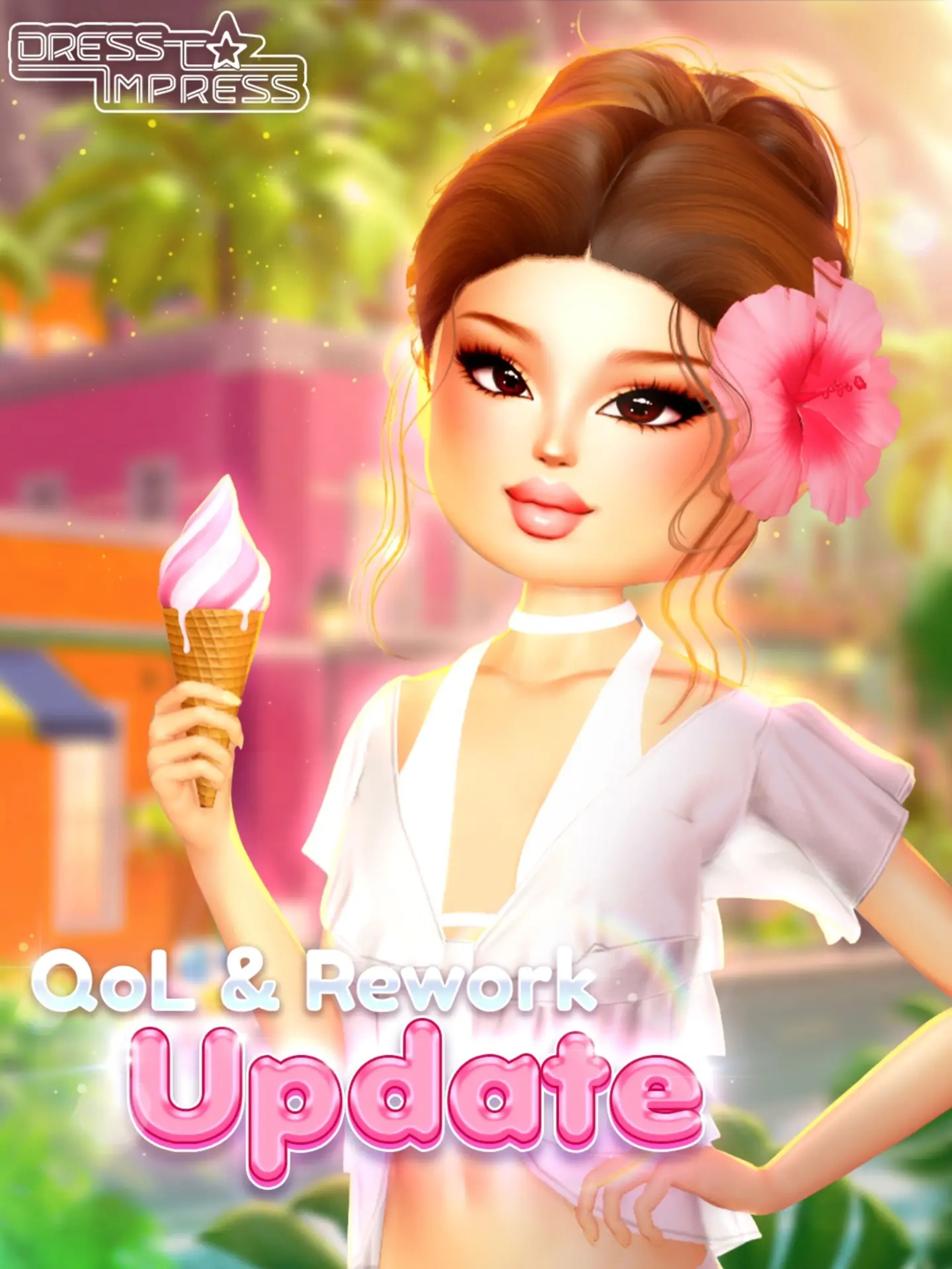 Official Dress To Impress QoL and Rework Update artwork showing an avatar in the Summer Brazil setting.