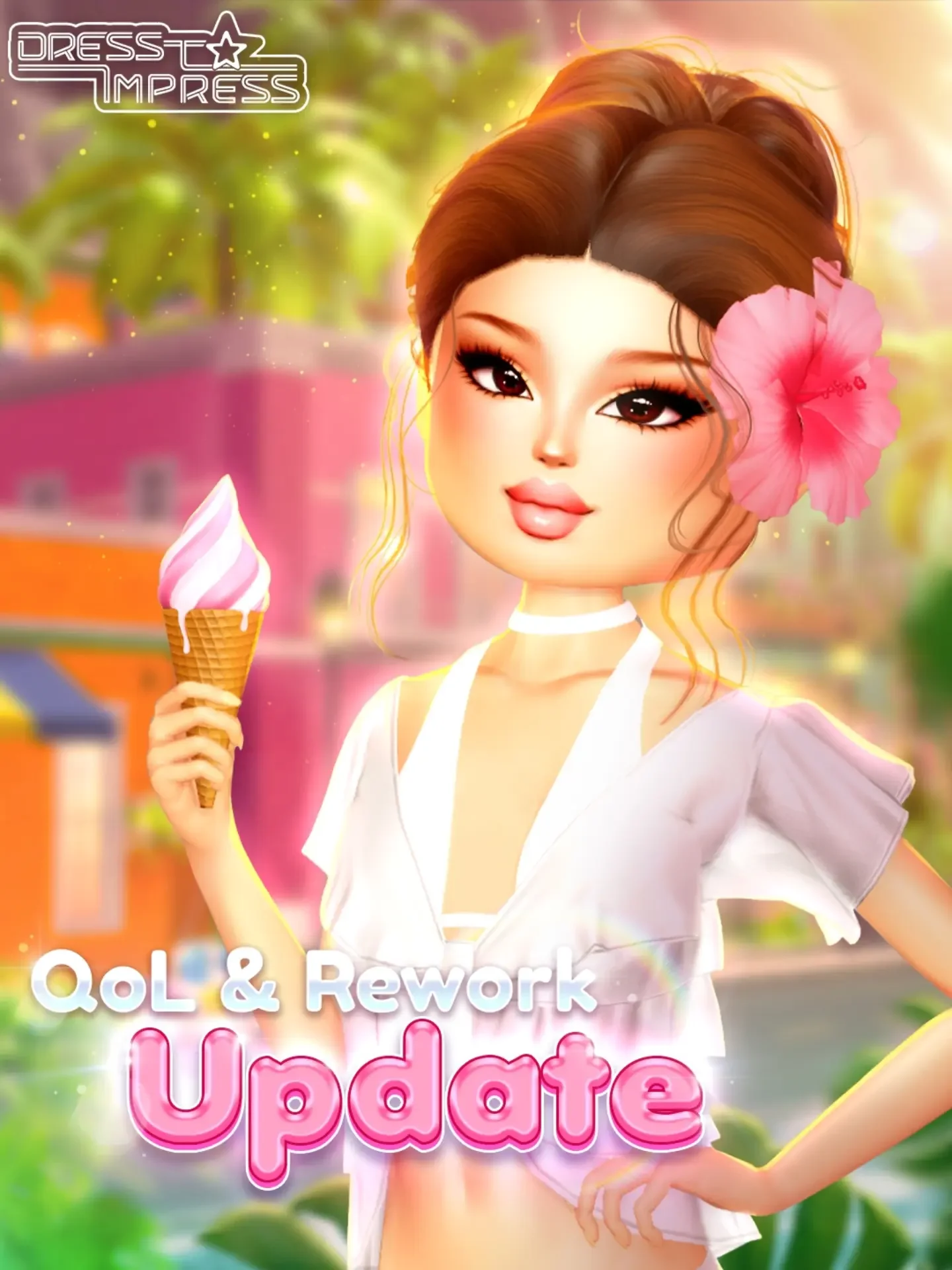Official Dress To Impress QoL and Rework Update artwork showing an avatar in the Summer Brazil setting.