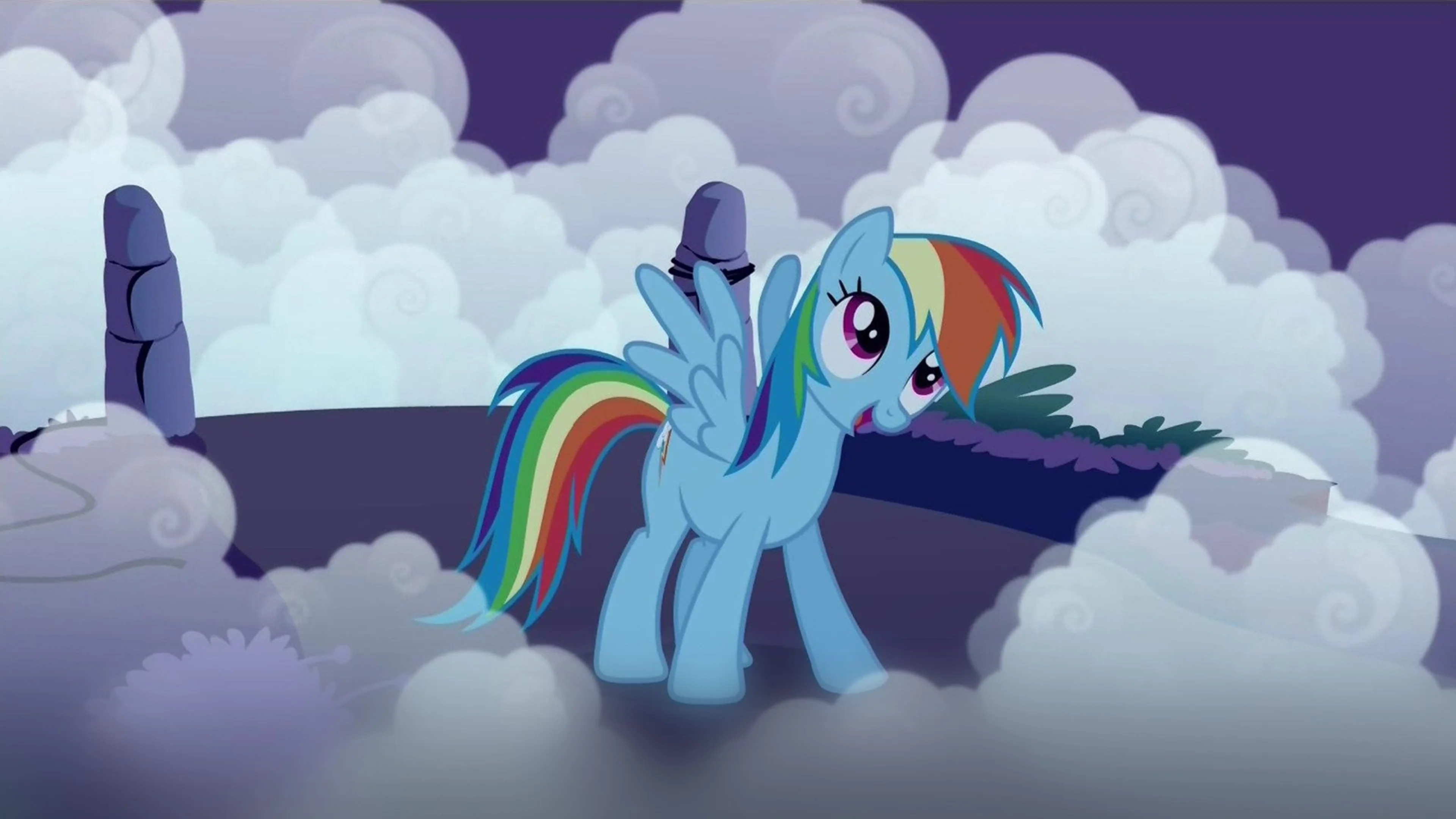 Rainbow Dash rests on a cloud, with her multicolored mane and wings visible.