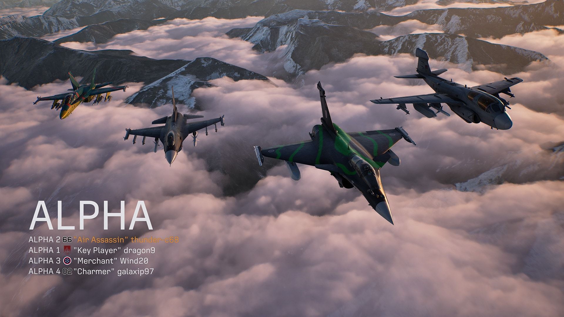 Four fighter jets fly over mountains and clouds in an Ace Combat Online co-op image.