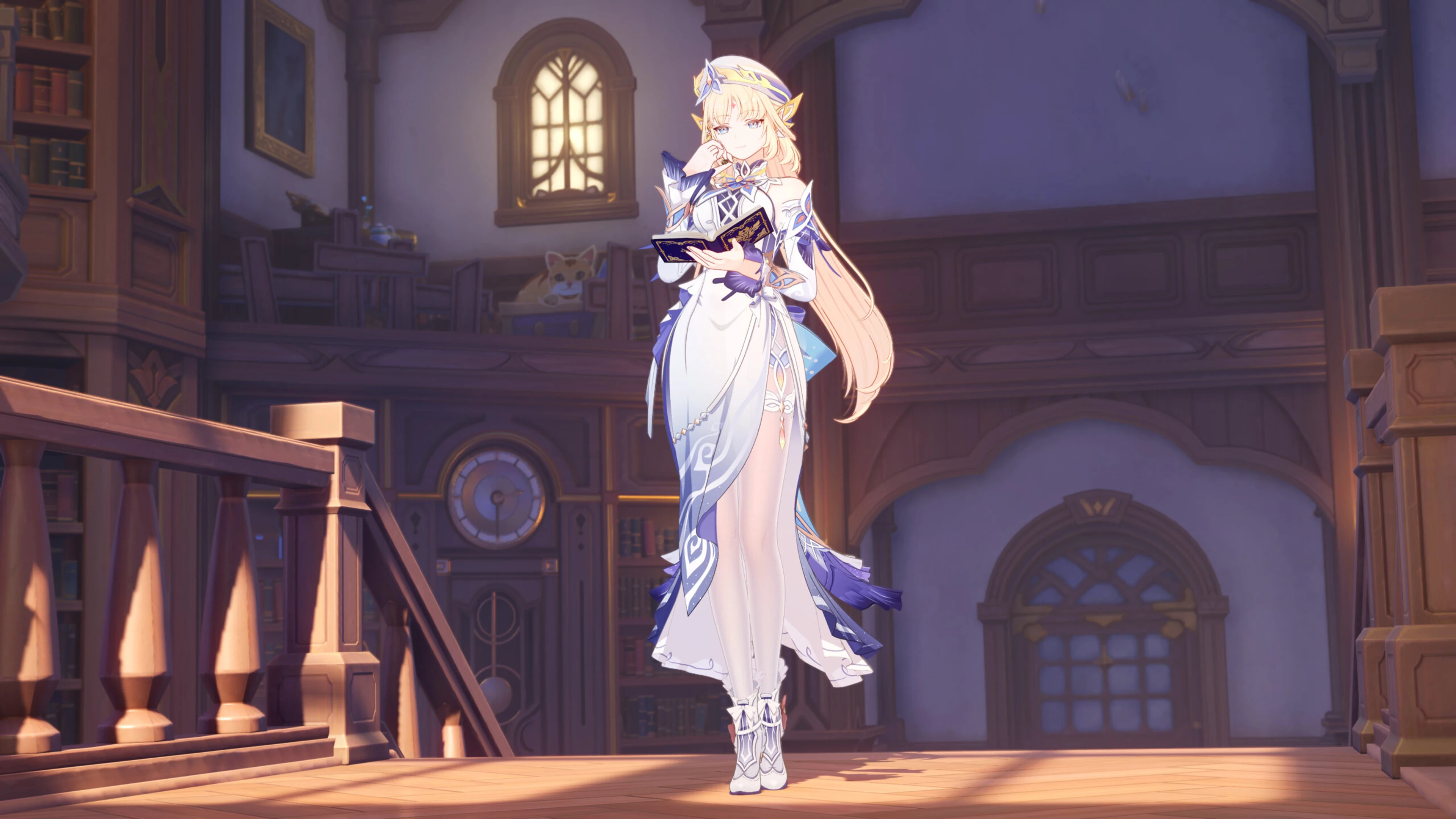 A Genshin Impact character standing in a library
