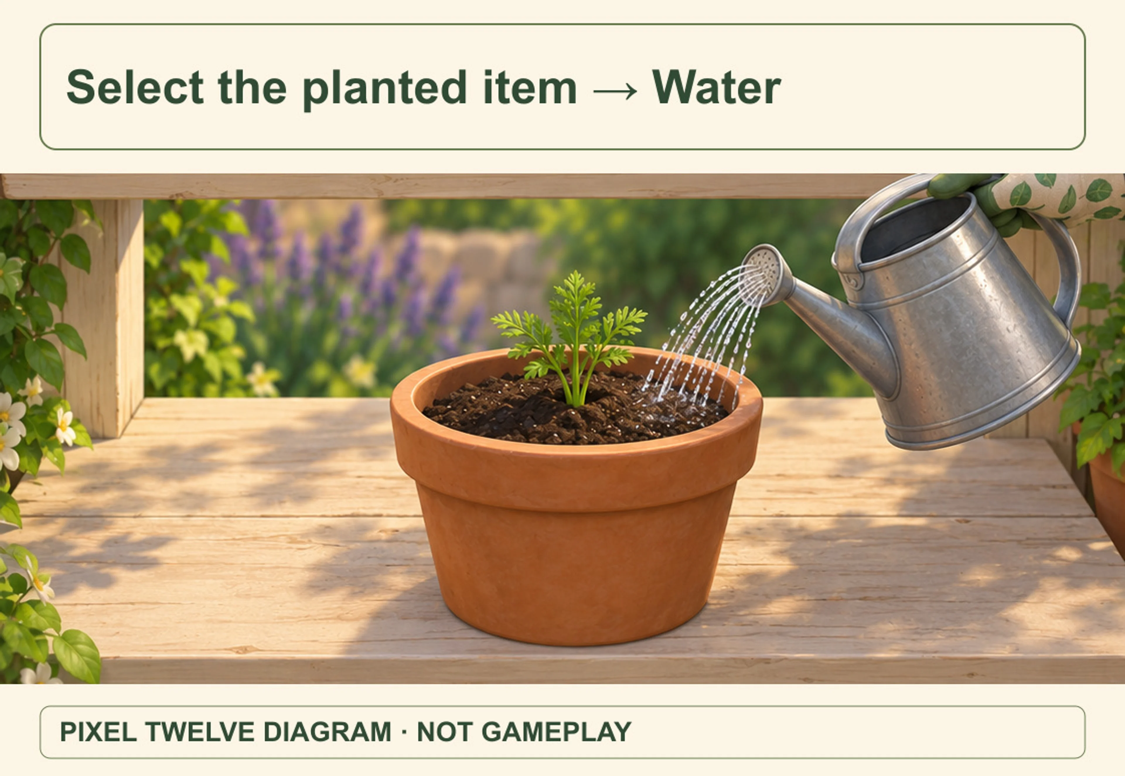 Original close-up of a planted pot being watered, with the action label Select the planted item then Water.