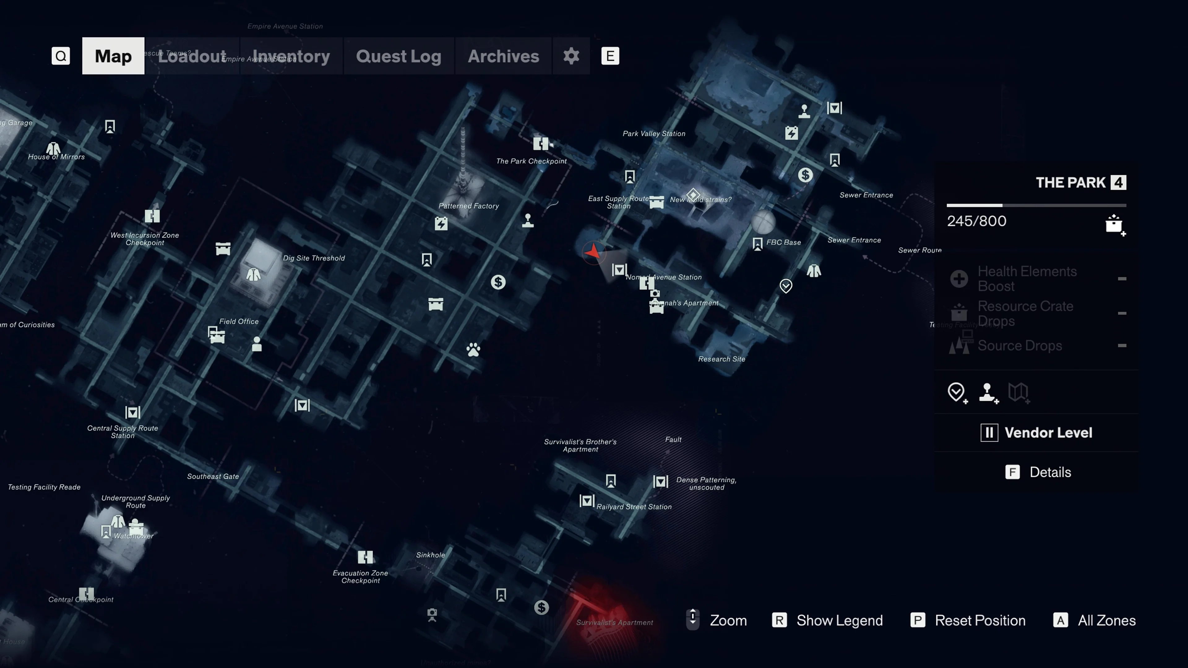 The Park map displays streets, underground routes, checkpoints, and objective icons from above.