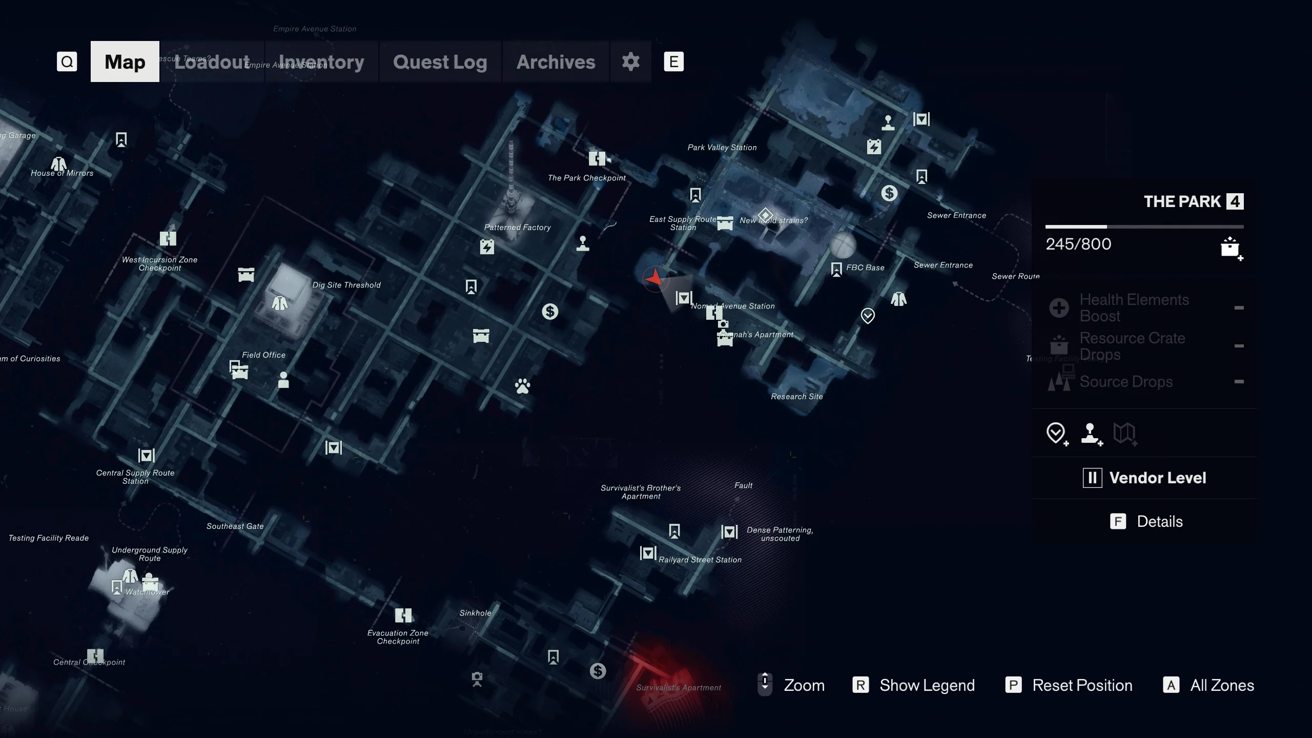 The Park map displays streets, underground routes, checkpoints, and objective icons from above.