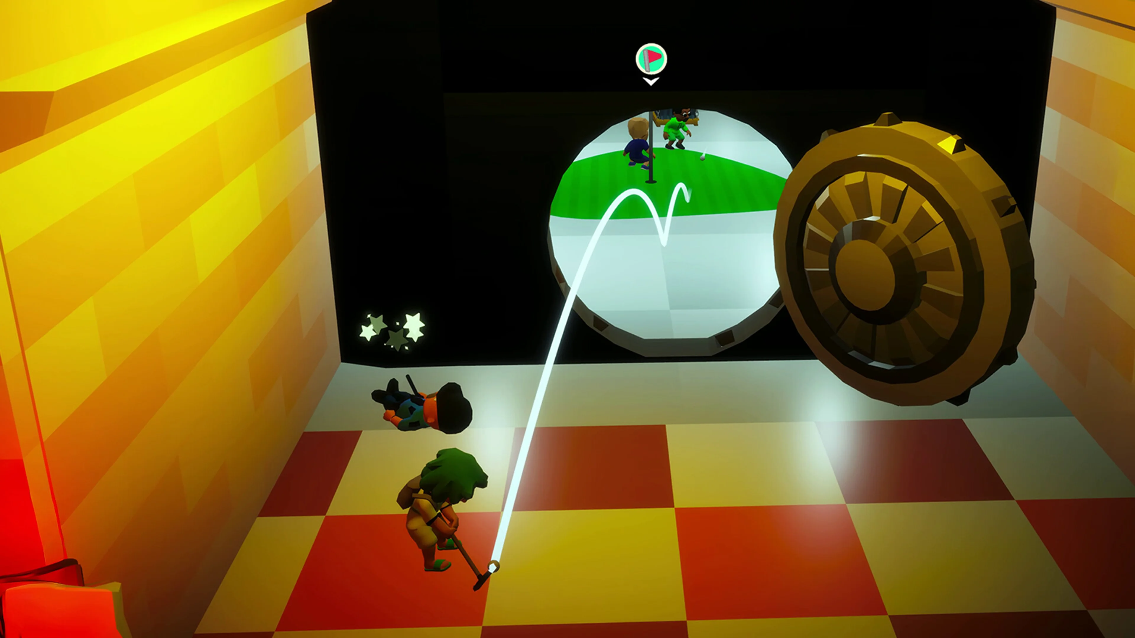 A golfer prepares a shot inside a bank vault in Really Illegal Golf.