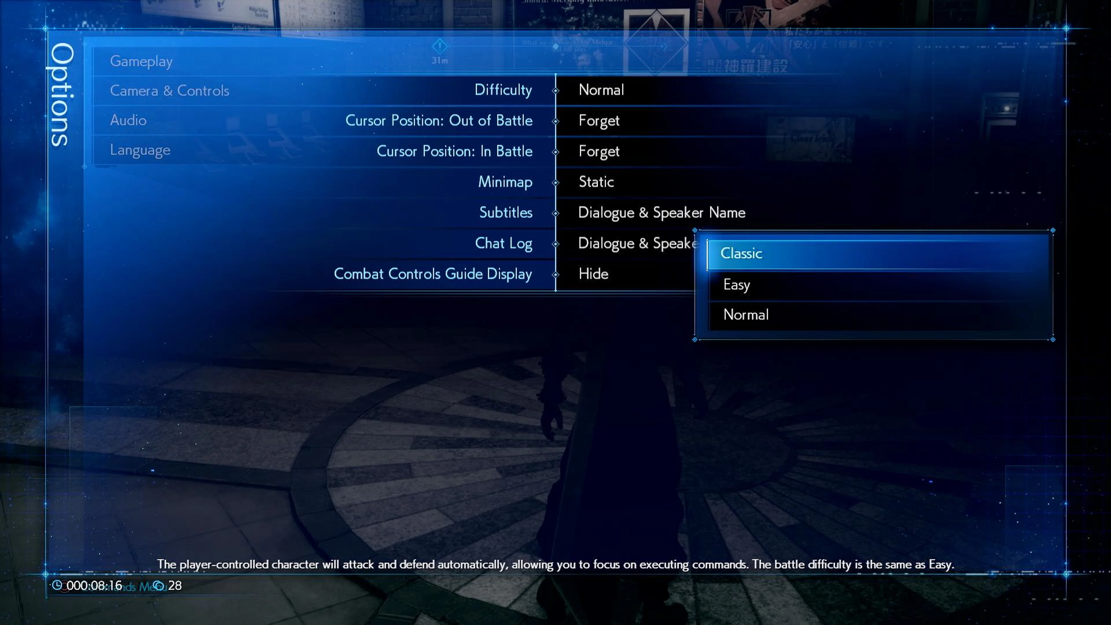 Options Gameplay screen with Difficulty expanded and Classic highlighted on the right; the help line at the bottom says the player-controlled character attacks and defends automatically.