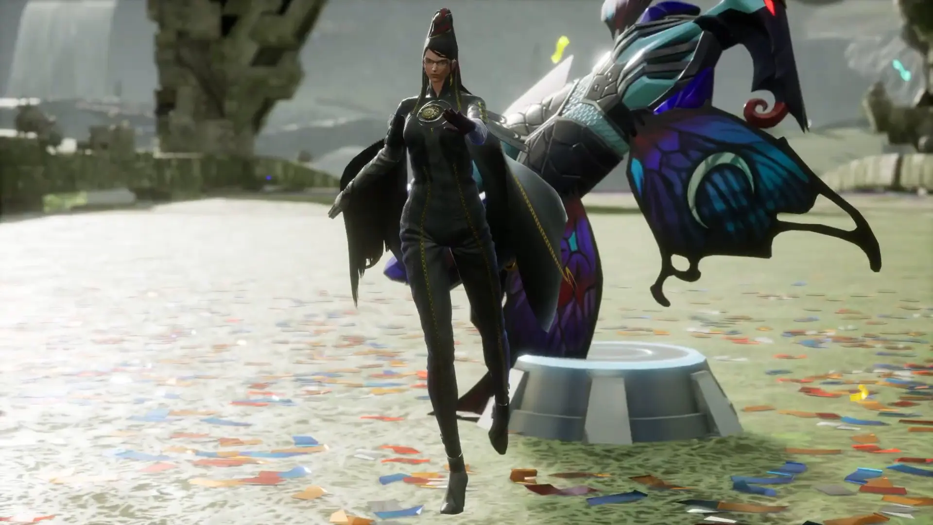 Bayonetta stands beside the Butterfly Witch machine in Sonic Racing: CrossWorlds.