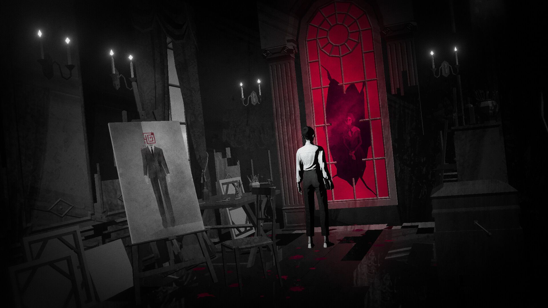 An artist’s room contains an easel portrait and a tall red window, with the woman between them.