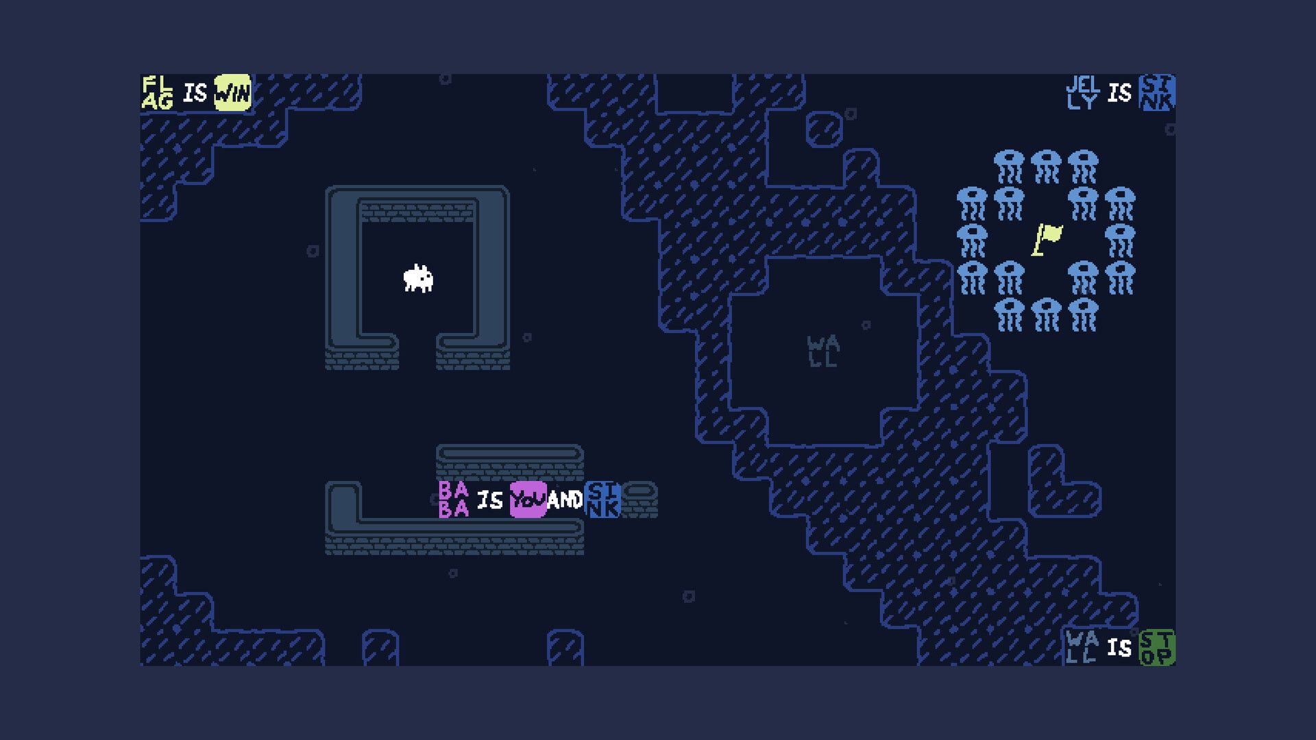 A blue puzzle board has several separate rules, including FLAG IS WIN, JELLY IS SINK, BABA IS YOU and WALL IS STOP.