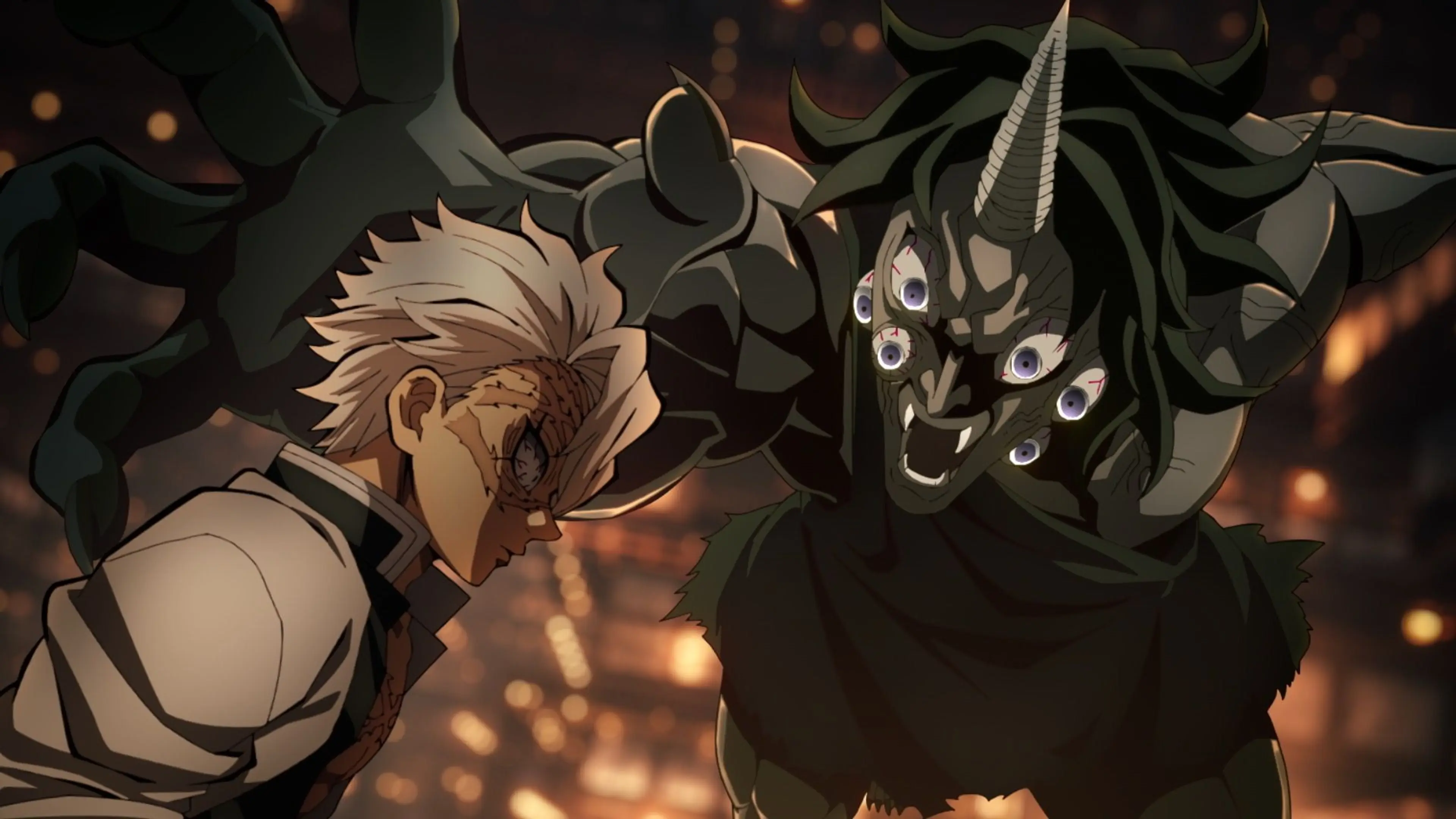 Sanemi leans toward a horned, many-eyed demon inside the fortress.