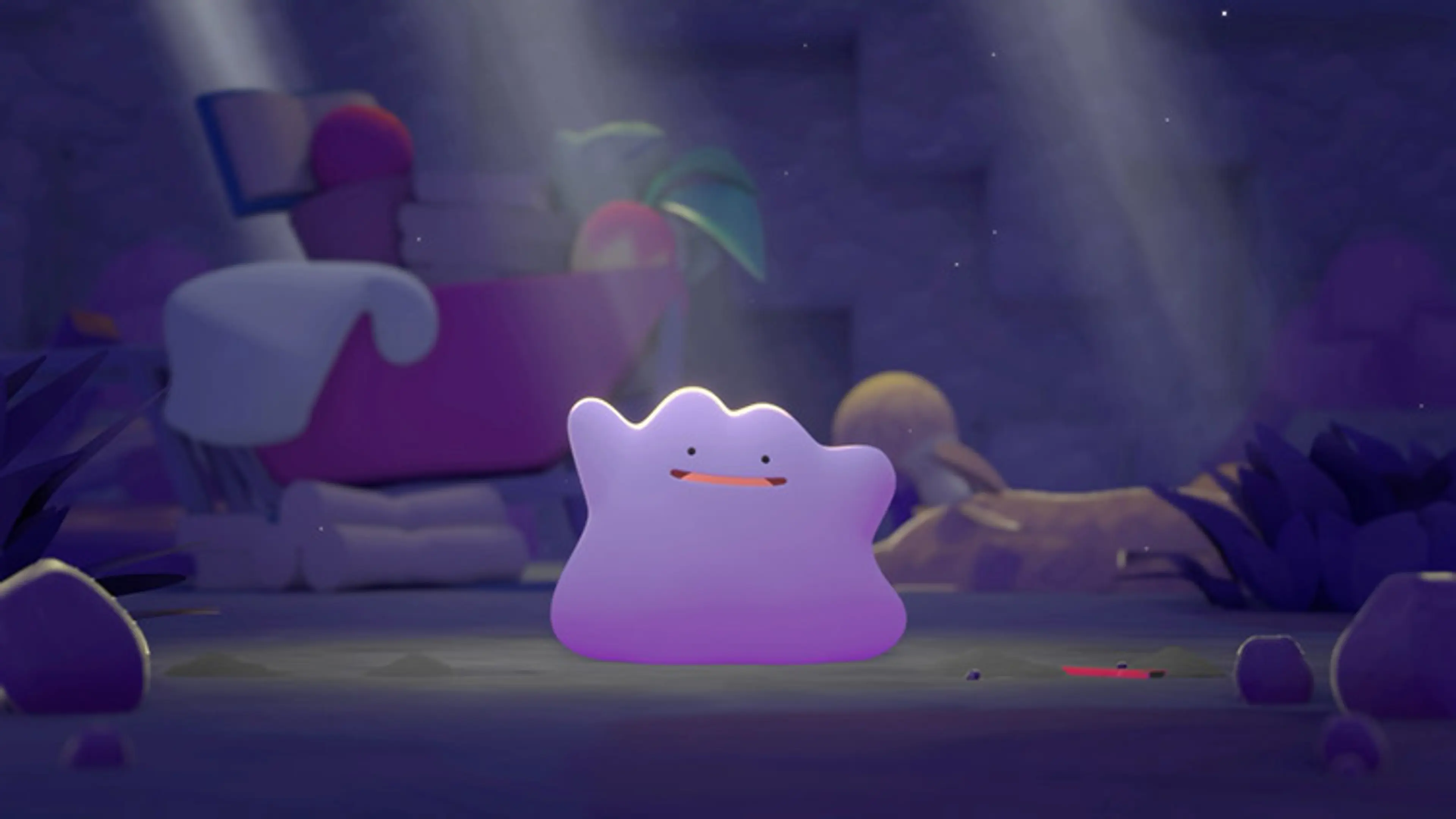 Gameplay screenshot: a small purple Ditto-like character stands in a dim cavern in Pokémon Pokopia.