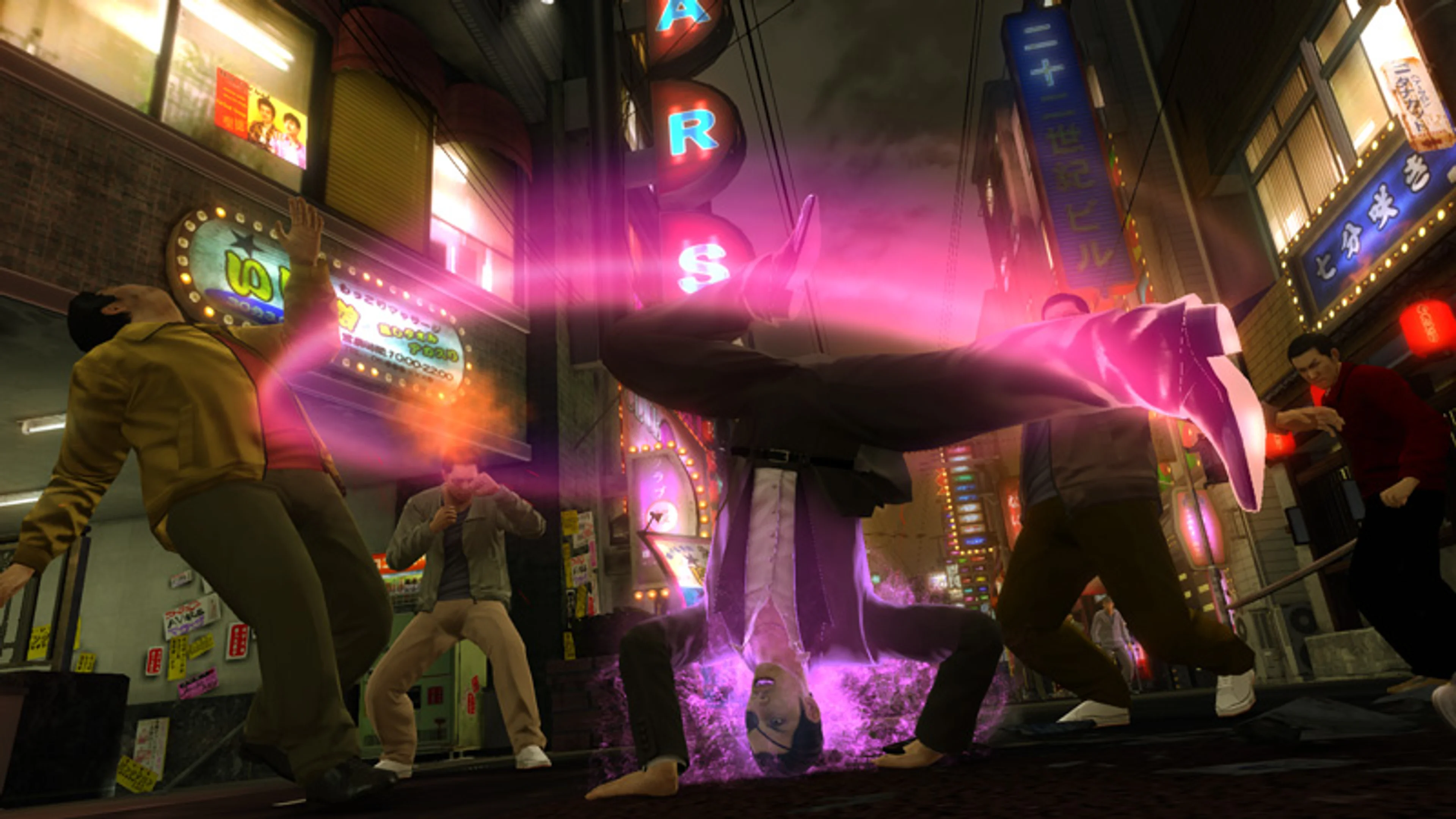 Official SEGA Yakuza 0 gameplay screenshot of Majima spinning low in Breaker style with a pink motion trail on a neon street.
