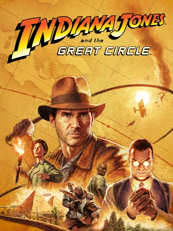 Official Indiana Jones and the Great Circle cover with Indy, his hat, whip, allies, and the game logo.