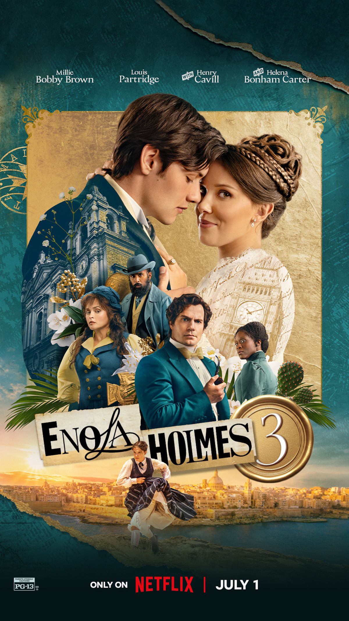 Official Enola Holmes 3 poster with the main cast, Maltese buildings and the Netflix title.
