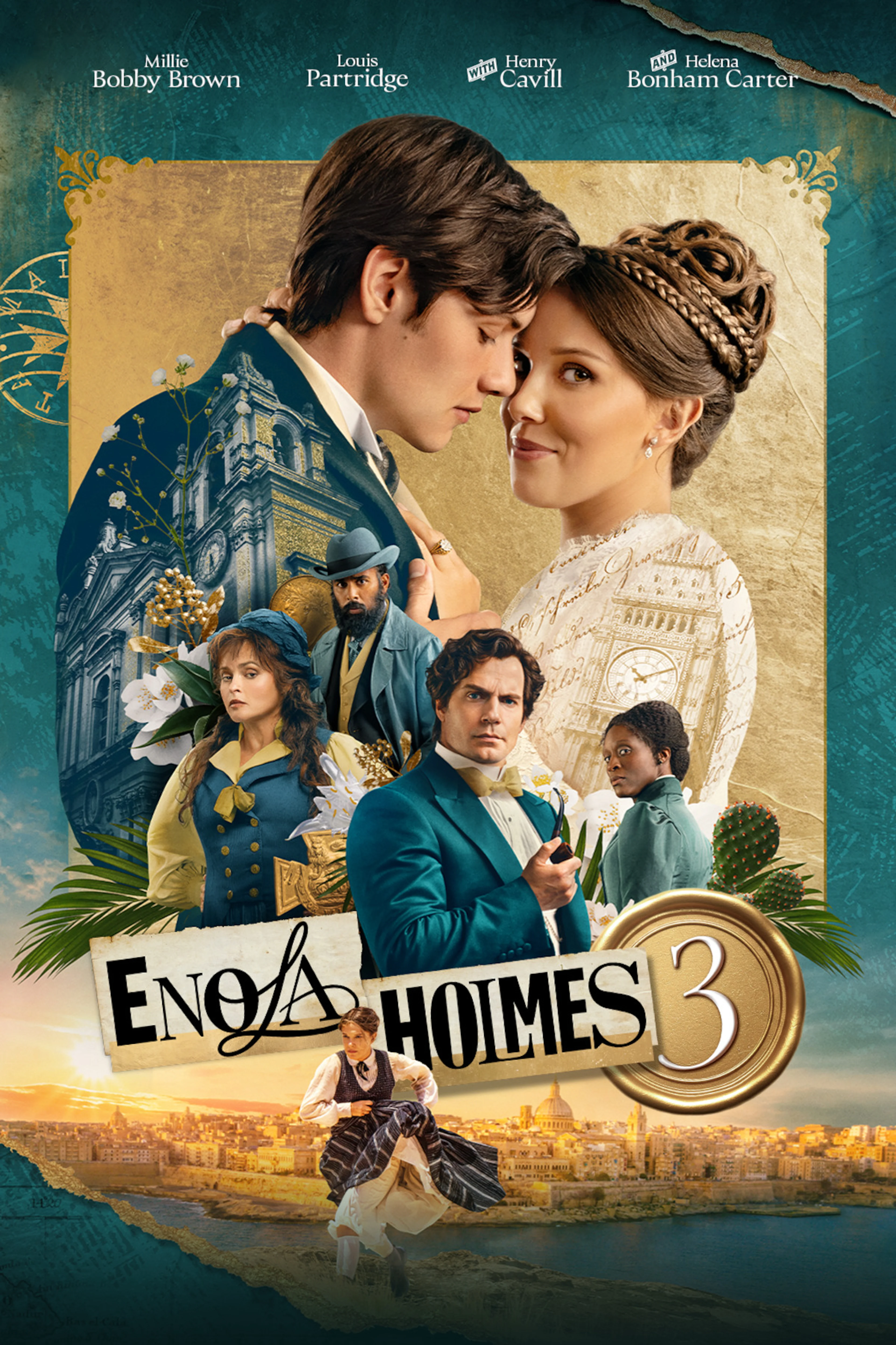 Official Enola Holmes 3 poster with the main cast, Maltese buildings and the Netflix title.