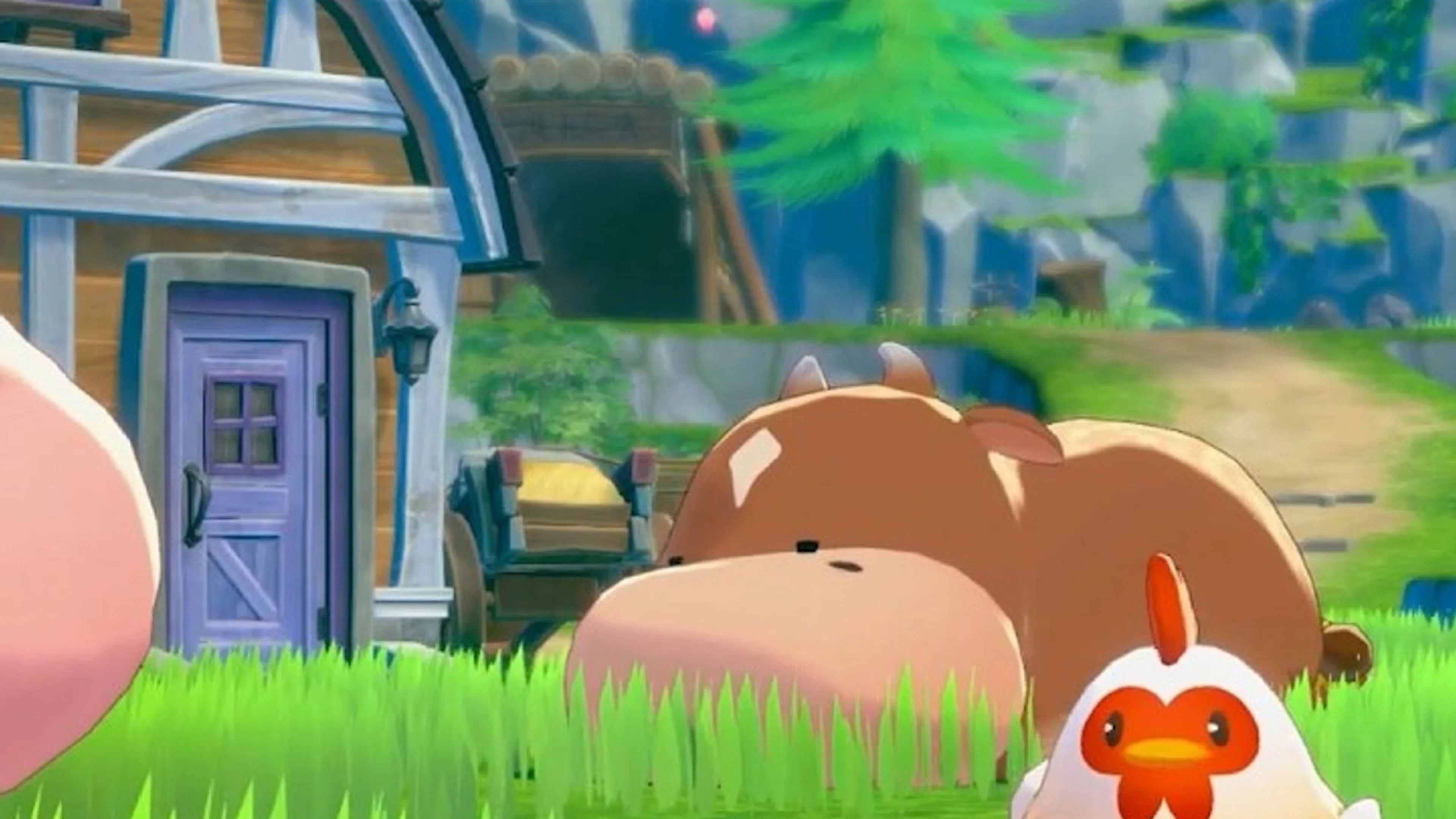Two cows and a chicken stand outside a small farm house in clean Story of Seasons work-in-progress footage.