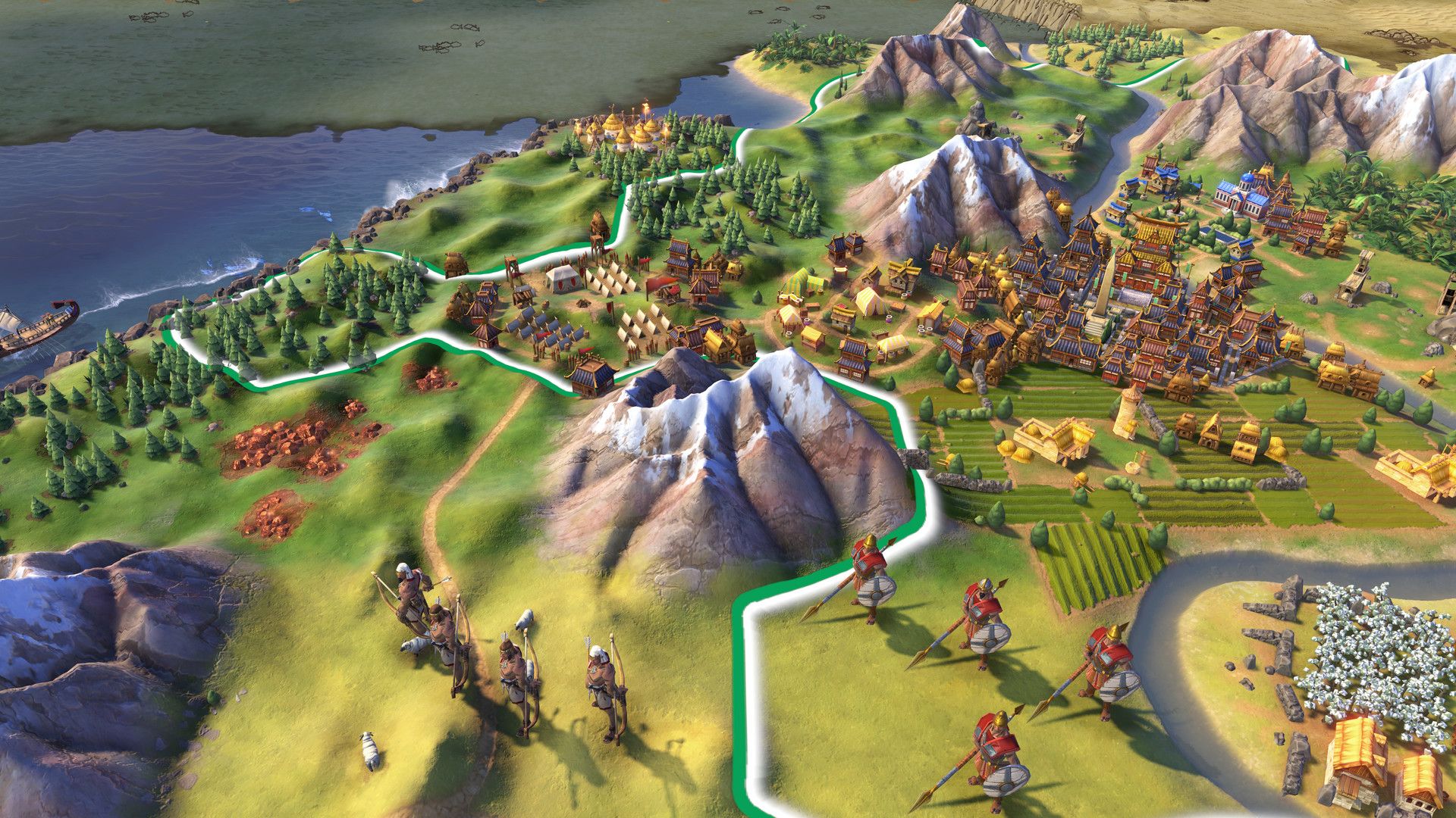 A city and surrounding mountain tiles in Civilization VI.
