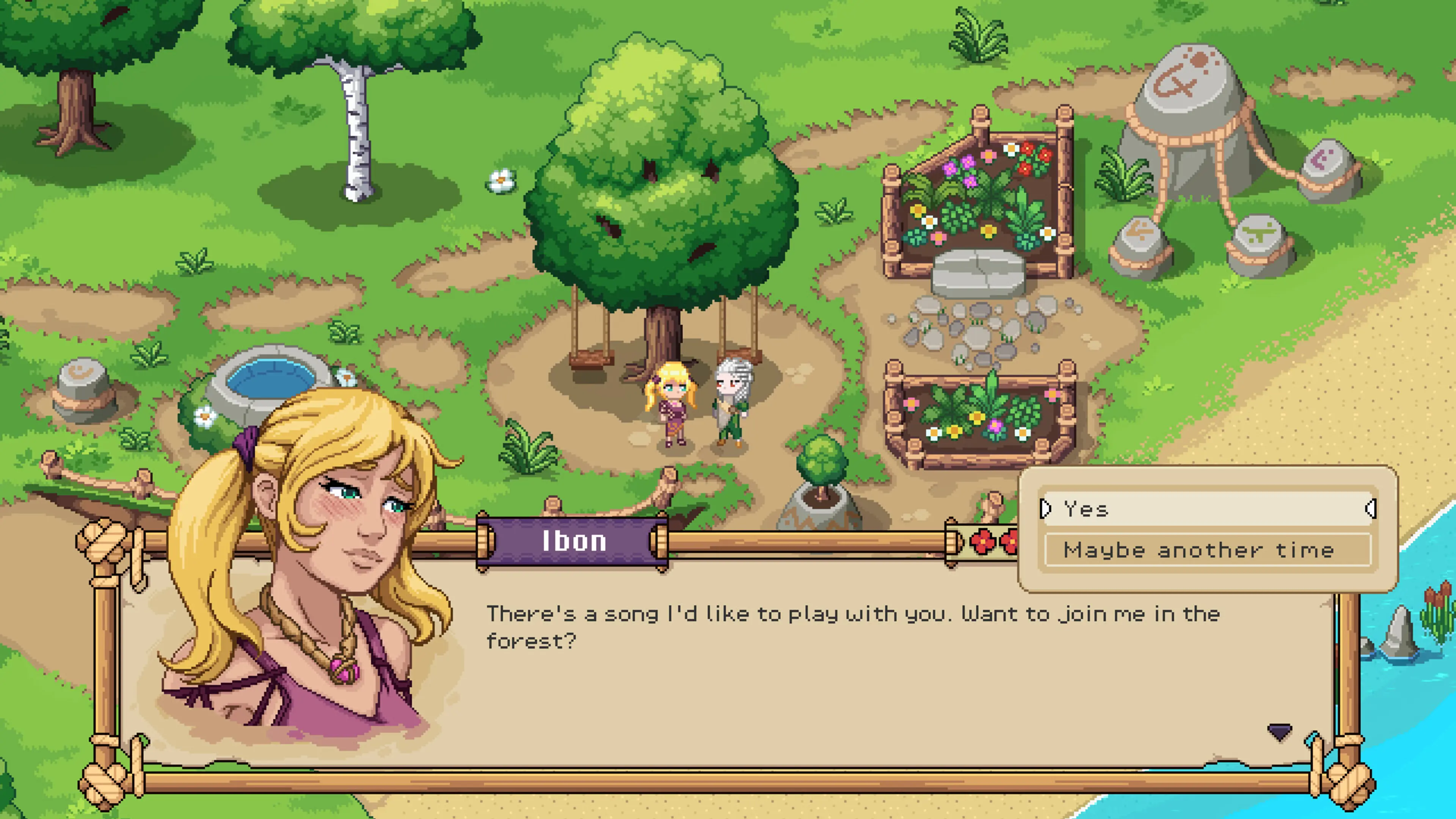 A conversation with a villager beside a garden in Roots of Pacha.