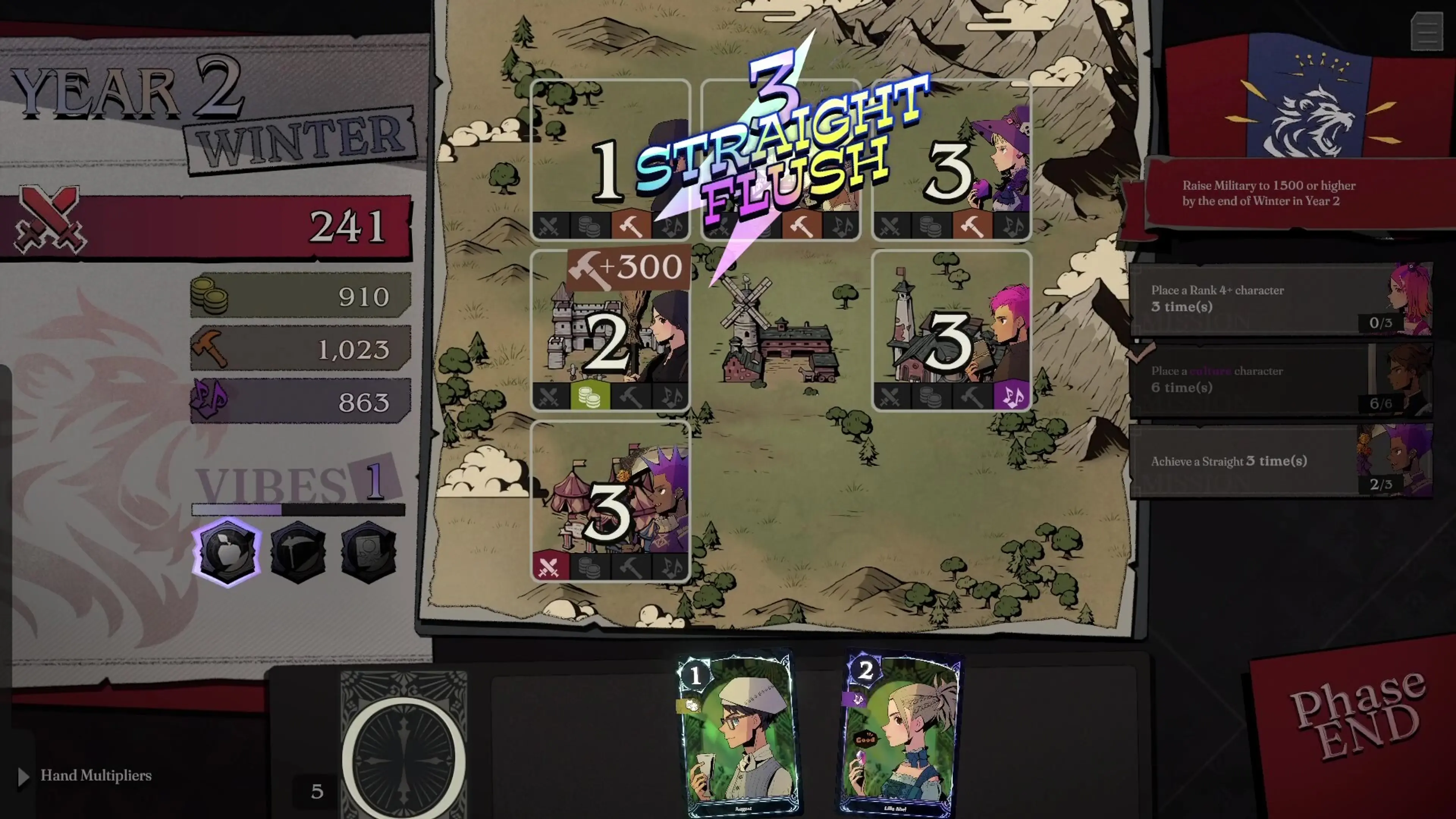 Character Cards form a Straight Flush on the PROJECT ZIRCON nation board.